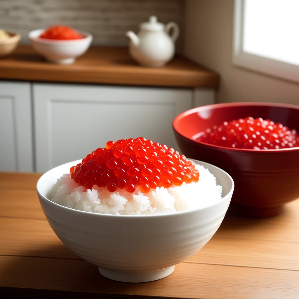 food, indoors, blurry, no humans, food focus, still life, rice bowl, wooden table, transparent roe, realistic, cinematic lighting <lora:fish_roe_SDXL:0.5>, red roe