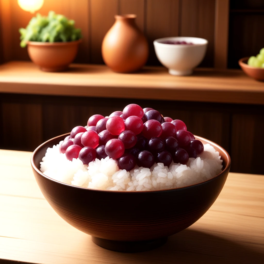 food, indoors, blurry, no humans, food focus, still life, rice bowl, wooden table, transparent roe, realistic, cinematic lighting <lora:fish_roe_SDXL:0.5>, grapes