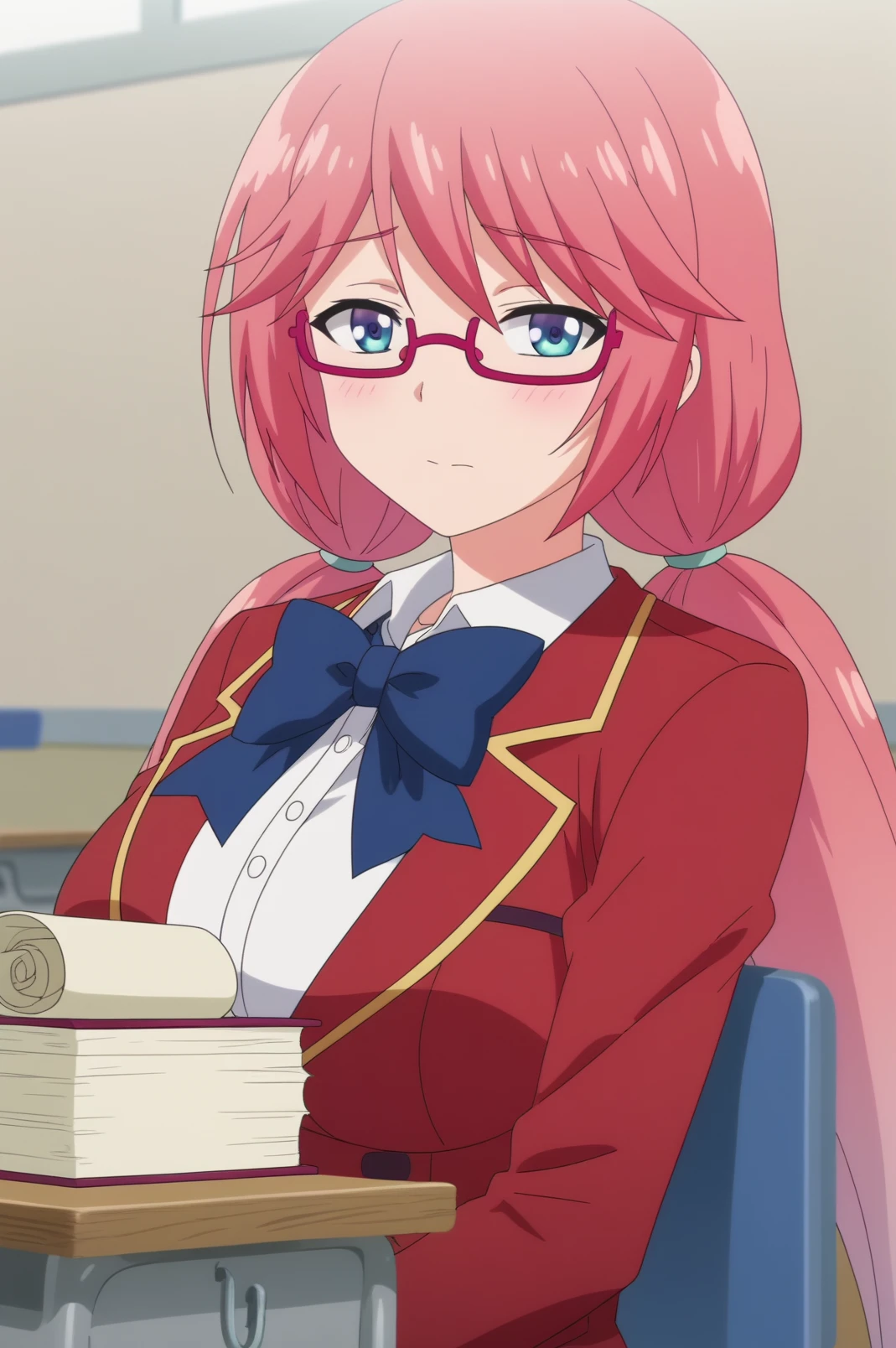 Airi Sakura,anime screencap,1girl,solo,mature,glasses,twintails,school uniform,glasses,long hair,bow,low twintails,breasts,shirt,jacket,looking at viewer,bangs,sitting,desk,classroom,consistent background,dutch angle <lora:Airi Sakura - PDXL2.safetensors:0.8>