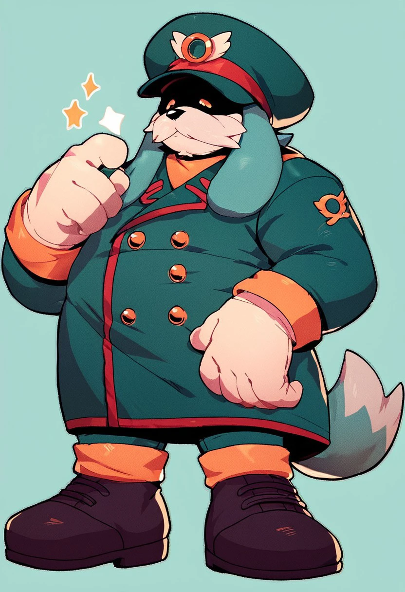 score_9, score_8_up, score_7_up, score_6_up, Conductor, tail, hat, uniform, emblem on hat, shaded yellow eyes, facial hair, mustache, furry male, male, solo, gloves, boots, fat male, simple background, tiled aqua background