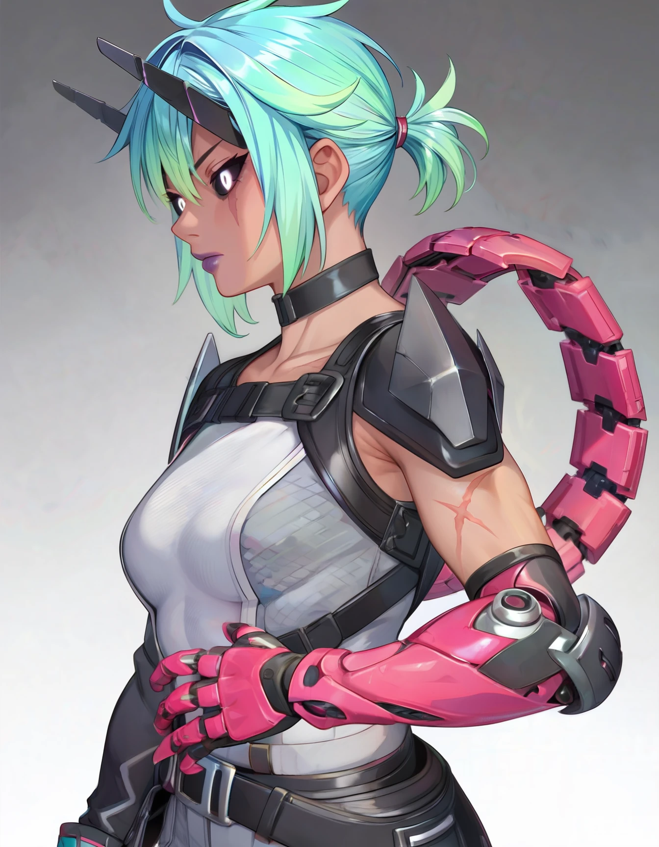 score_9,score_8_up,score_7_up,score_6_up,1girl,solo,dark background,black choker,white glowing eyes,scar on arm,colored sclera,black sclera,purple lips,elbow gloves,black belt,black jacket,gray jacket,aqua hair,gradient hair,green hair,multicolored hair,short hair,two-tone hair,black footwear,black pants,grey pants,dark skin,mechanical tail,upper body,looking_to_the_side,(from side:0.65),medium breasts,    <lora:MyTrainings\Temp\Alter_Original_XL_Pony_ARZUMATA.safetensors:0.6>