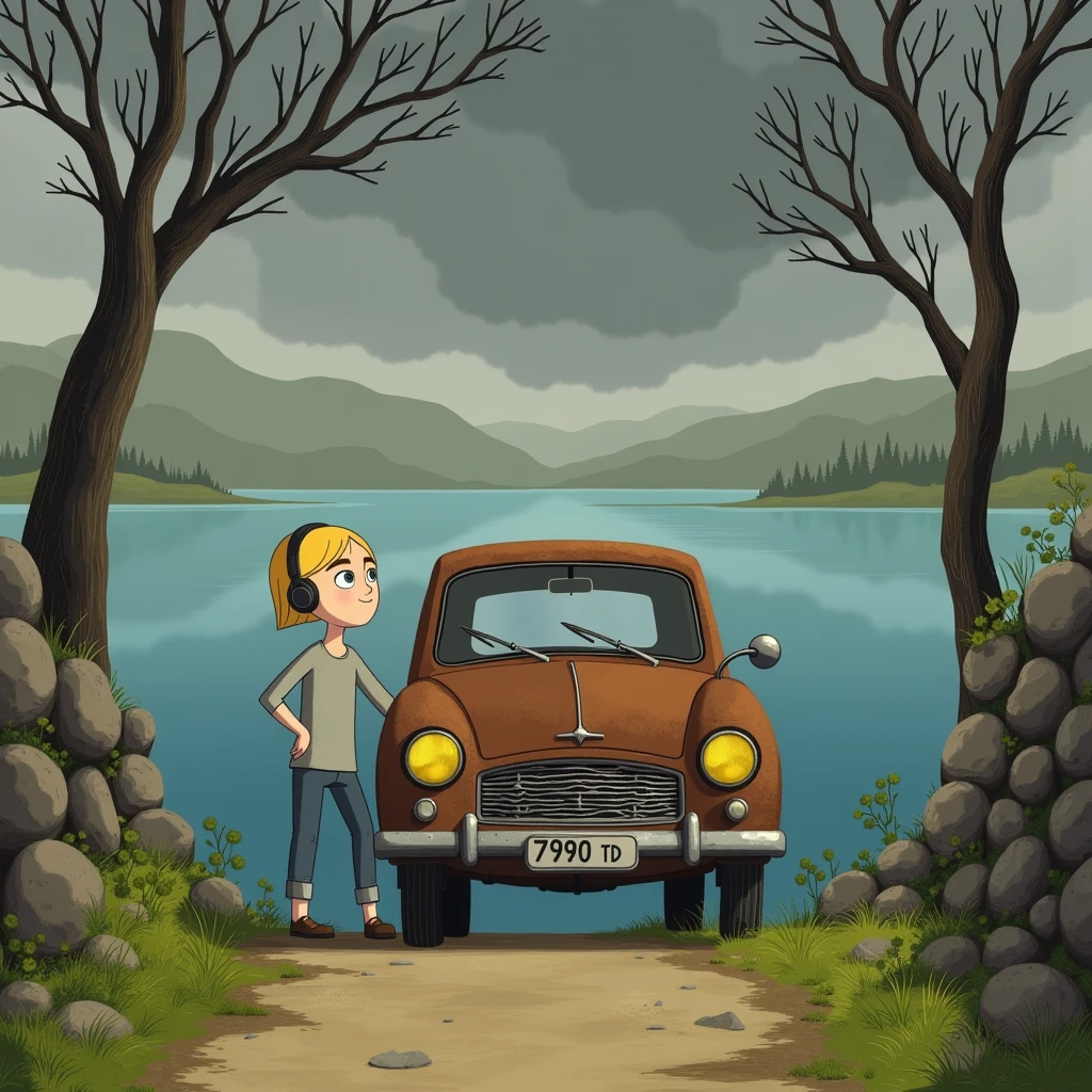 In style of Cartoon Saloon. Image is a closeshot portrait of a happy girl with short blonde hair and gray eyes who is listening to music and wearing wireless headphones, standing in front of a vintage car is standing near a narrow, dirt path leading to a serene lake. The car, with a worn, rusty exterior and a classic design, has a license plate that reads "7990 TD". The car's headlights are yellow, and its windshield wipers are visible, suggesting recent rain. The background features a tranquil lake with calm, blue waters reflecting the cloudy sky above. The sky is dominated by dark, stormy clouds, adding a sense of depth and drama to the scene. Two leafless, gnarled trees frame the path on either side, their bare branches reaching towards the sky, emphasizing the passage of time and the car's vintage nature. The path is bordered by a rocky, uneven stone wall to the right, with small, green plants growing along the edges. The overall style of the illustration is reminiscent of mid-20th century art, with a nostalgic, slightly surrealistic touch. The colors are muted and earthy, with the car's brown and the lake's blue standing out against the grey and green tones of the landscape.