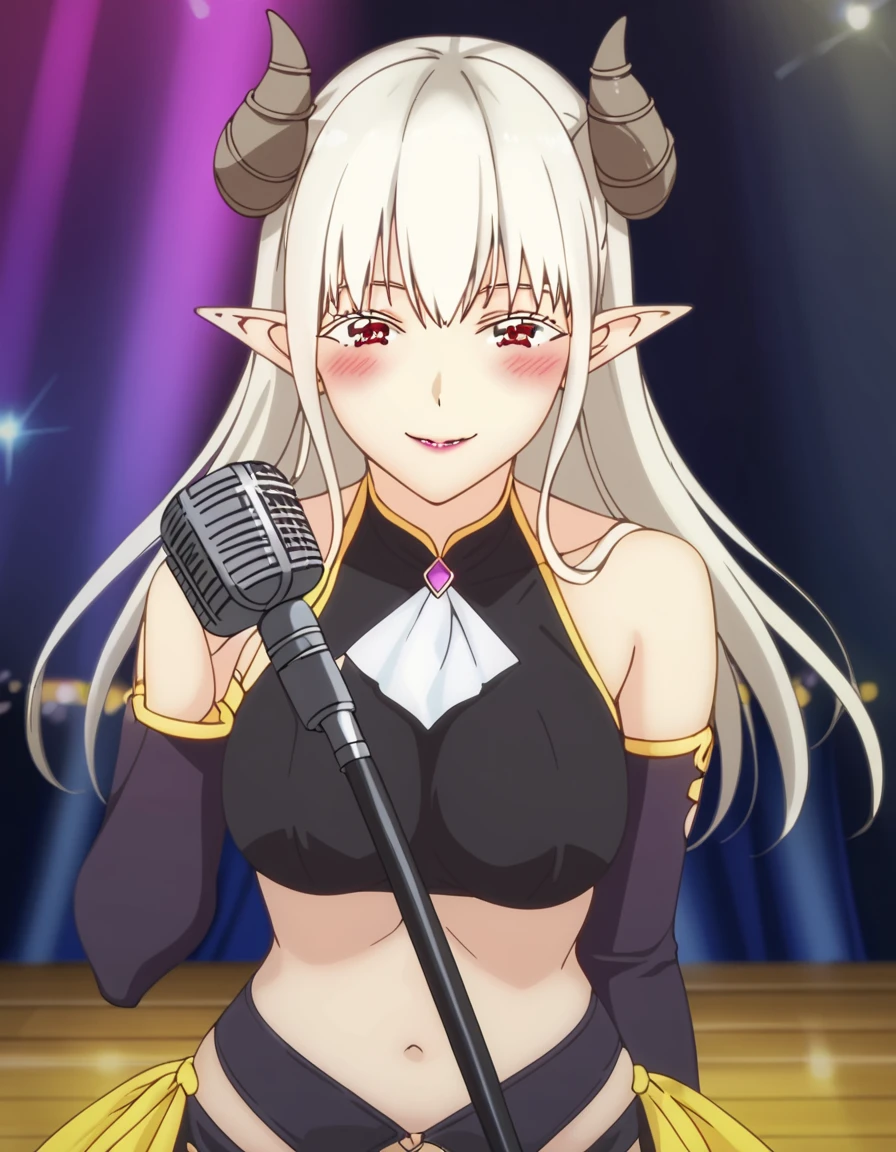 <lora:2.5JigennoRirisa:1>, stage, sing, dange, microphone,  MayuraCos1, long hair, blush, red eyes, white hair, pointy ears, demon girl,