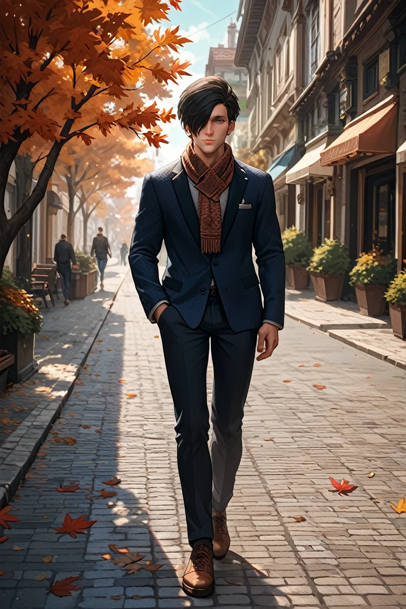 score_9, score_8_up, score_7_up, score_6_up
<lora:TEW2Stefano:1.0>
TEW2Stefano, 1boy, black hair, hair over one eye, looking at viewer, walking through a narrow European street, wearing a stylish overcoat and scarf, cobblestones underfoot, autumn leaves falling, nostalgic and romantic vibe