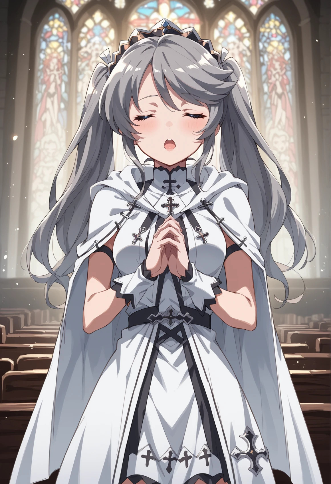 1girl, long hair, grey hair, blue eyes, twintails, tiara, hair ornament, bikini, wristbands, detached collar, waist cape, thighhighs, praying, closed eyes, indoors, church, light, sunlight, closed eyes, open mouth <lora:Cleric_BW_XL:1>, score_9, score_8_up, score_7_up, score_6_up, score_5_up, score_4_up, BREAK source_anime, masterpiece