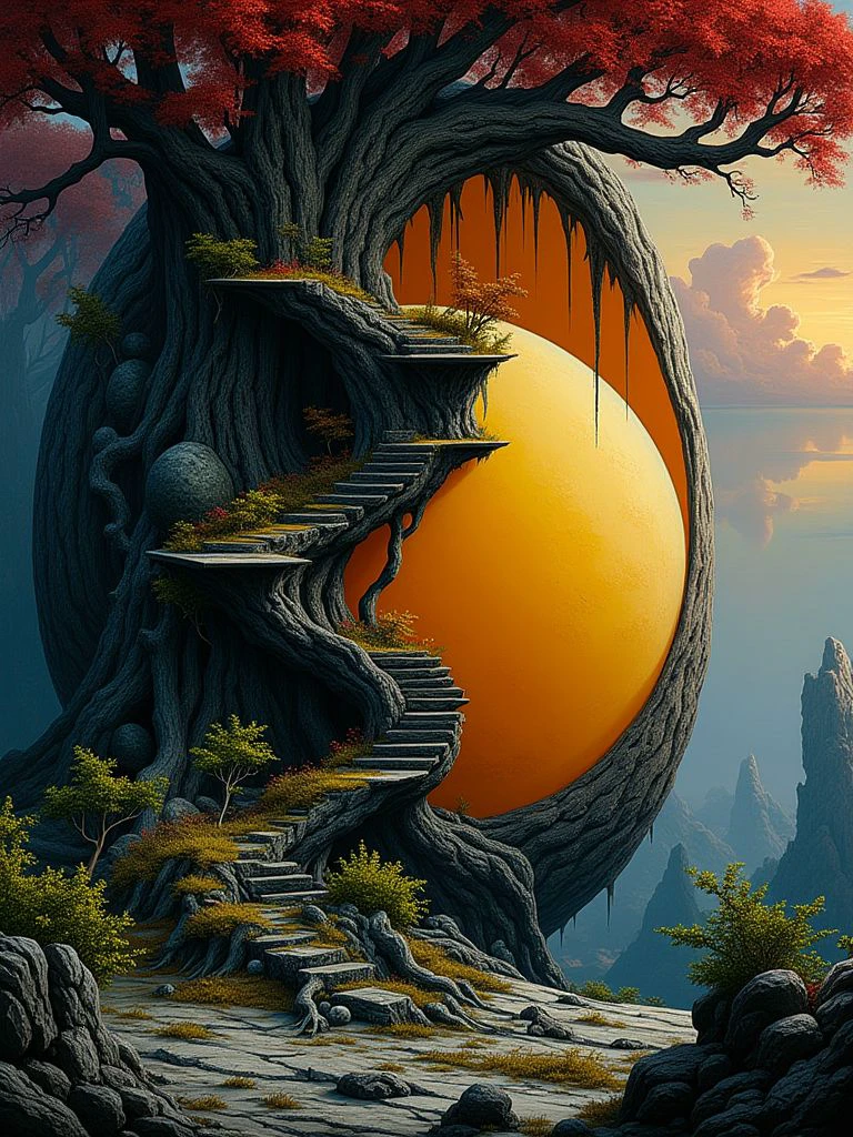 a detailed surreal painting with a spiral staircase around a large fantastic egg from which an egg yolk flows, the thick dark brown trunk of the tree is intricately intertwined with the surrounding rocks, and its roots spread widely over the rocky terrain, the branches are dark brown and twisted, some appear almost black, which gives them an aged appearance, small areas of bright green grass and shrubs are scattered on rocky surfaces, bringing the Scene to Life, The color palette includes muted colors with brown hints, black water, white plants, creating a serene and otherworldly atmosphere, the background is dark blue sunset, rose clouds, cinematic, 4k, epic Steven Spielberg movie still, sharp focus, emitting diodes, smoke, artillery, sparks, racks, system unit, motherboard, hyperrealism painting concept art of detailed character, design matte painting, 4 k resolution blade runner,
<lora:Dagobah_Land_Flux:1> dagobahlnd