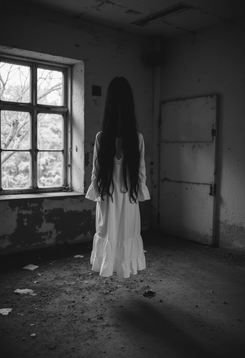 distorted photo, blurry candid photo of woman bride, very long black dank hair, (floating in the corner of a derelict room:1.3), feet off the ground, ghostly, eerie, unsettling, sinister, occult, spooky, realistic