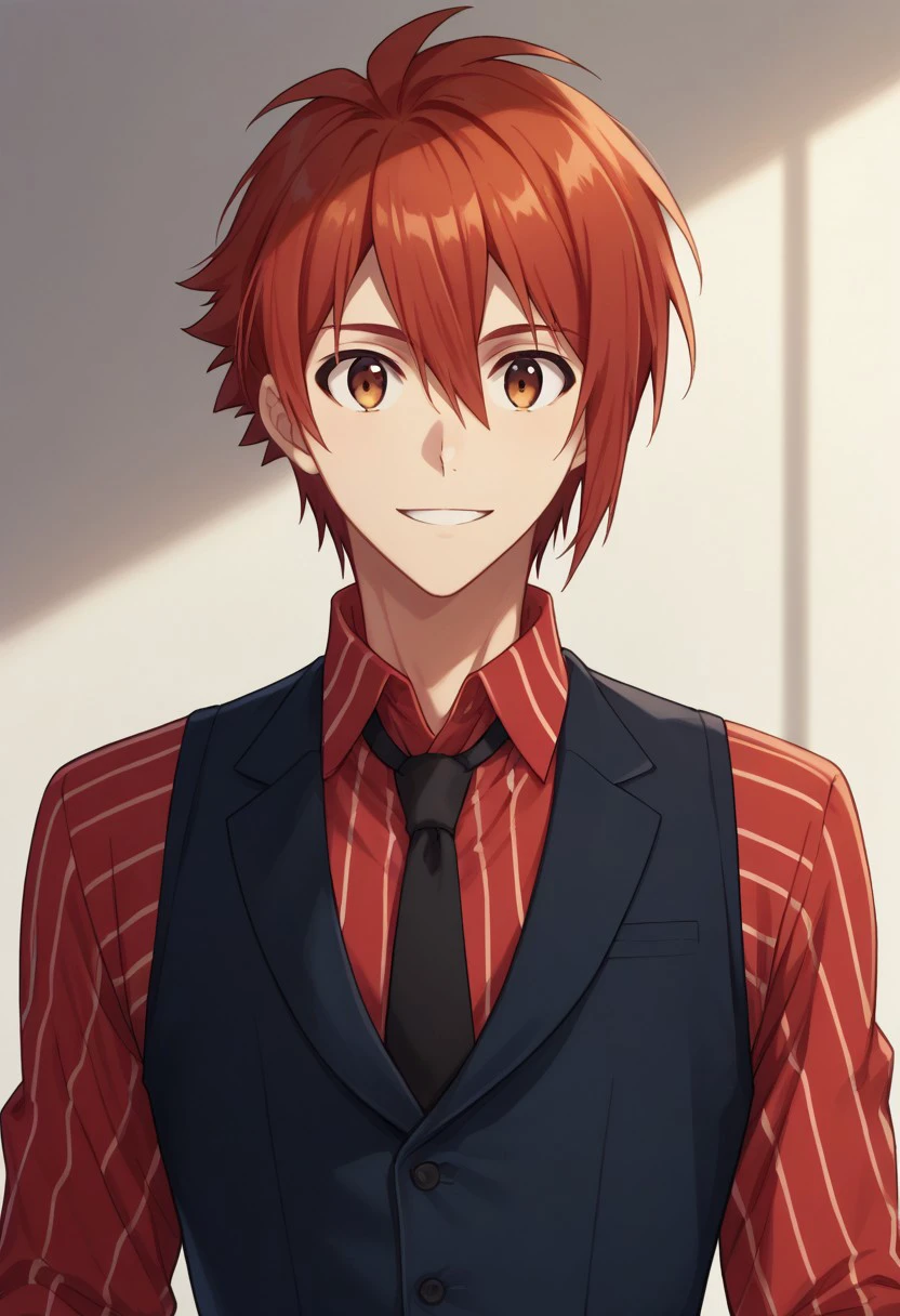 score_9, score_8_up, score_7_up, source_anime, highly detailed, 
rikunanase, 1boy, male focus, necktie, smile, solo, shirt, black necktie, collared shirt, striped, red shirt, upper body,
hair between eyes, vest, red hair, brown eyes, striped shirt,
indoor,