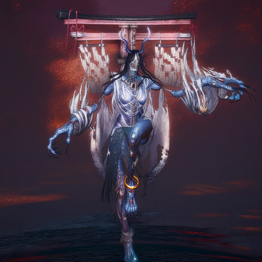 1girl, solo, both arms raised, balancing on one foot, one leg raised, monster, blue skin, horns, jewelry, torii, barefoot, claws, black hair, long hair, teeth, sharp fingernails, long fingernails, claws, breasts, japanese clothes, anklet, horror (theme), no humans, blood, shimenawa, feet, toes, skull, rope, torn clothes, veins,