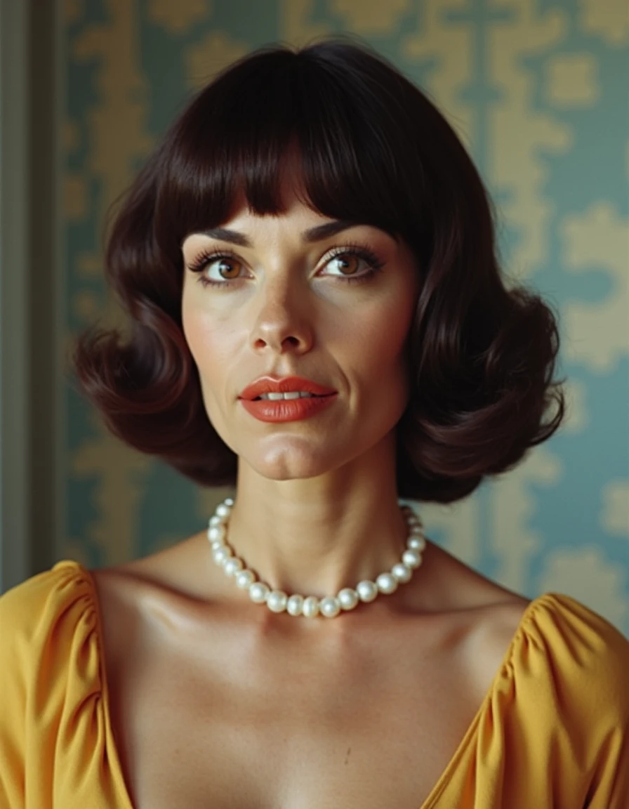 , photo vintage, visage parfait, erotick, cheveux bleu, tache de rousseur, Up, american shot (3/4 coups) cuir , moulant, belle, clivage, choker, tres gros seins, chemise, Jupe courte
