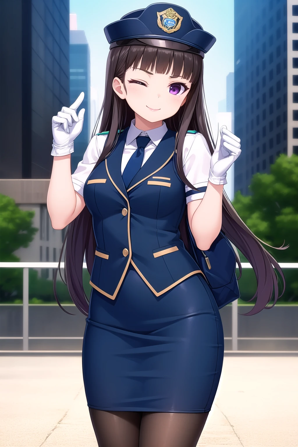 (masterpiece, best quality), highly detailed background, perfect lightingbest quality, shiranuiisuzu, solo, outdoors, city, policewoman, police hat, blue headwear, black hair, blunt bangs, very long hair, one eye closed, purple eyes, medium breasts, dark blue necktie, blue vest, sleeveless vest, collared shirt, white shirt, green armband, white gloves, blue skirt, pencil skirt, brown pantyhose, police uniform, smile, closed mouth, ;), pink lips, <lora:Shiranui-Isuzu-2-05:0.7>