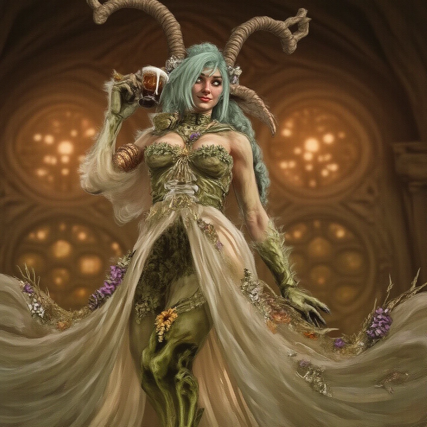 an illustration of fearne,  tall faun woman, standing over 6 feet high including her horns. She has large, expressive eyes and big furry ears. Her hair is sea-foam green and flows around her face. Her lower body is that of a deer, with hooves partially covered in moss. She wears flowing, ethereal clothing that drapes over her form. Scattered across her outfit and perhaps woven into her hair are poisonous flowers, particularly hemlock and oleander blooms.

In a tavern drinking a beer in a mug