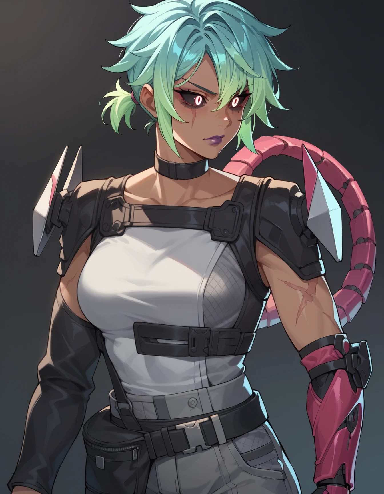 score_9,score_8_up,score_7_up,score_6_up,1girl,solo,dark background,black choker,white glowing eyes,scar on arm,colored sclera,black sclera,purple lips,elbow gloves,black belt,black jacket,gray jacket,aqua hair,gradient hair,green hair,multicolored hair,short hair,two-tone hair,black footwear,black pants,grey pants,dark skin,mechanical tail,upper body,(looking_to_the_side:0.5),(from side:0.4),medium breasts,    <lora:MyTrainings\Temp\Alter_Original_XL_Pony_ARZUMATA.safetensors:0.6>