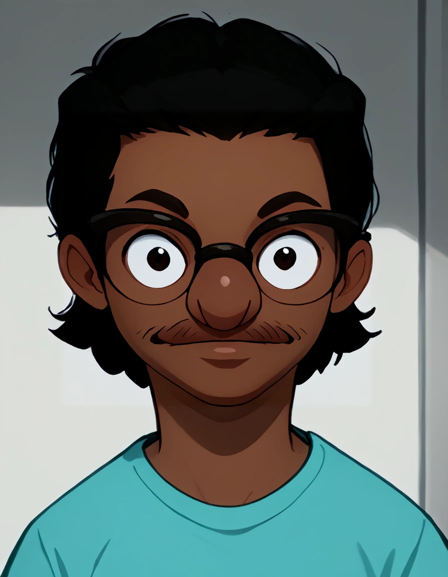 <lora:Future_Darryl:1> 1boy, dark-skinned male, black hair, glasses, browline glasses, facial hair, mustache, teal shirt, portrait, looking at viewer, parted lips, source_cartoon, score_9, score_8_up, score_7_up,