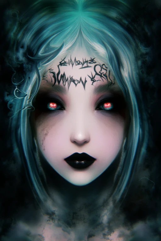 semi realistic artwork of a beautiful woman with black lipstick and cyan colored hair and glowing red eyes, with text on her forehead that says: "Human Art"