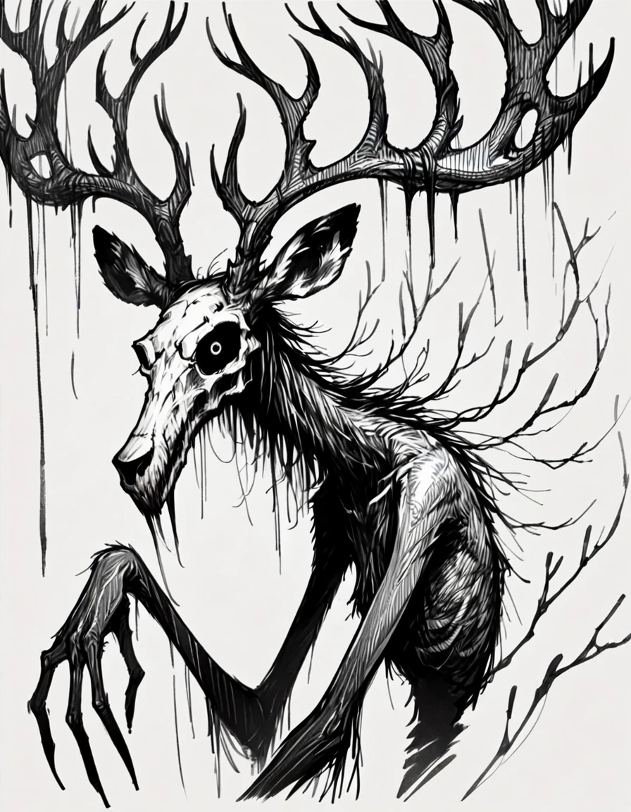 score_9, score_8_up, score_7_up, <lora:Messy Sketch Style:1>, very tall, creepy, skinny, black fur, deer skull face, antlers, long fingers, looking at viewer, from the side, monochrome,