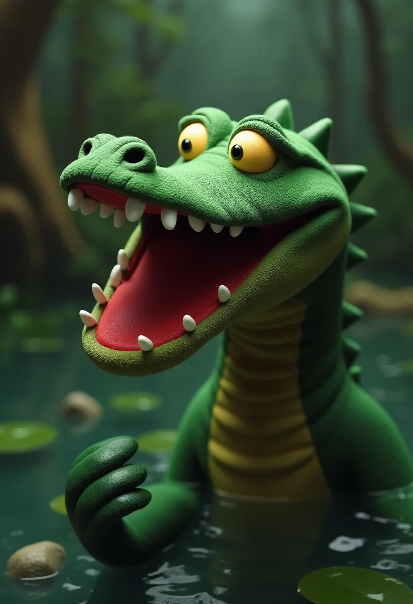 A crocodile puppet with the head of a puppet  in its mouth in donthugmestyle. Swamp background.  