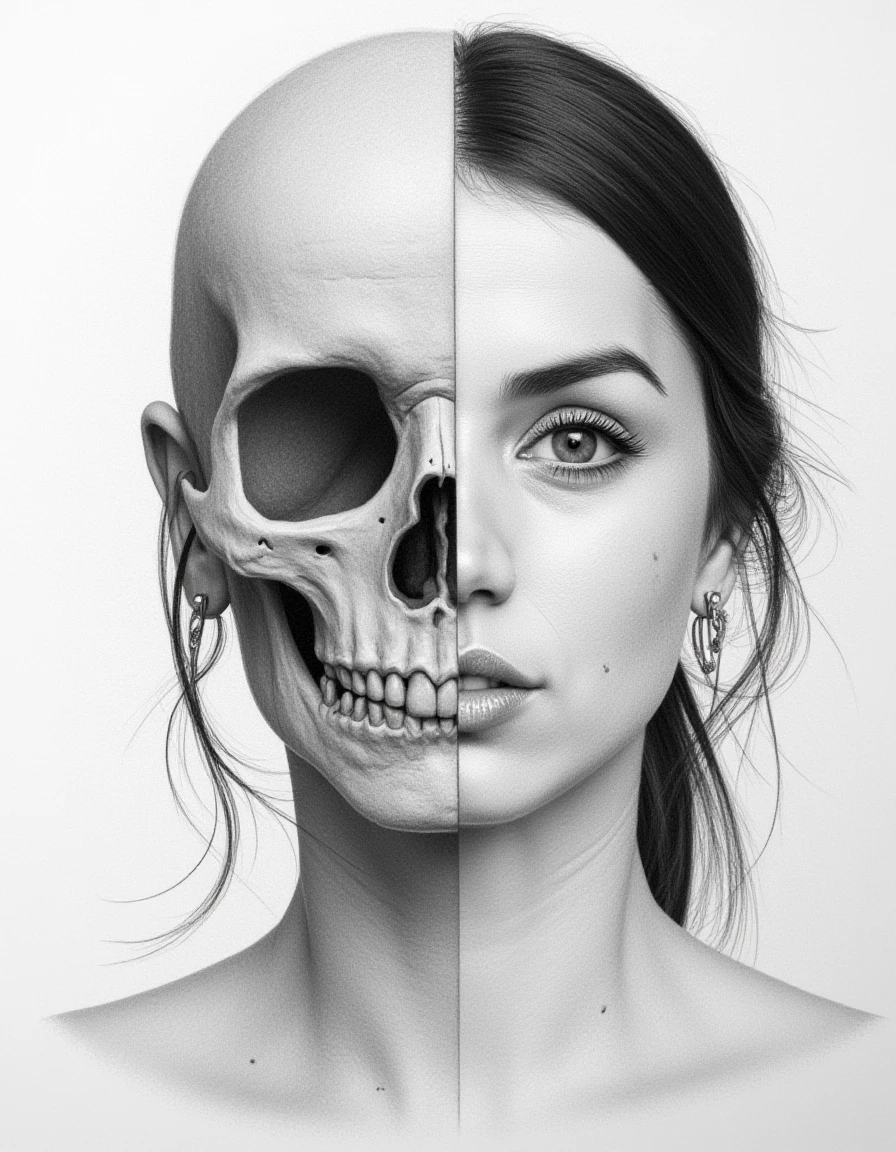 Detailed realistic drawing of the face of a woman facing the viewer but the left half of her face is skull while the right side of her face is normal. She has no hair on the left side of her face only a skull and also her eye-socket is hollow on the left side.  <lora:Ana_de_Armas_FLUX_v1-000061:1>