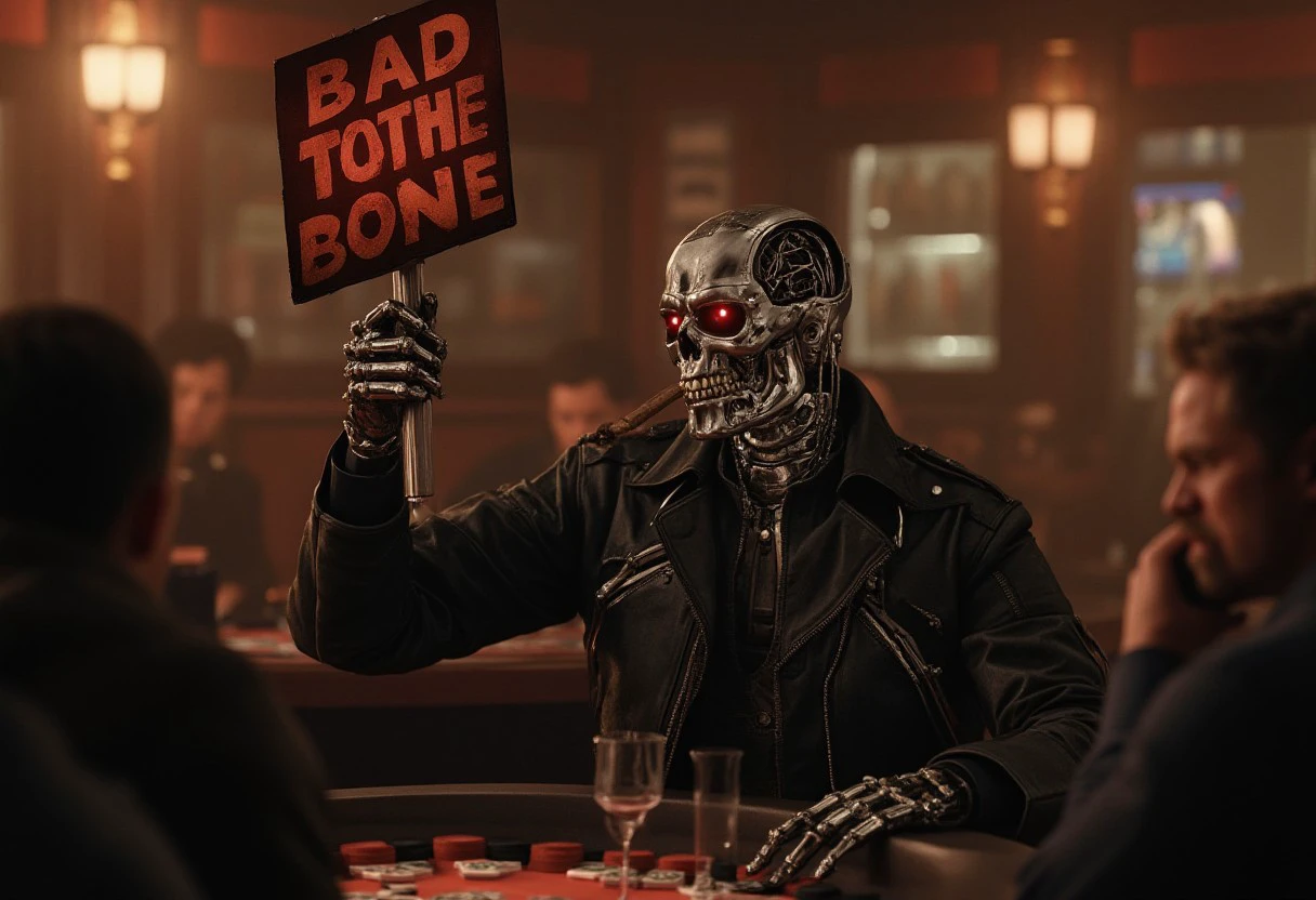 a T800_Endo Terminator Robot with red eyes stands wearing a black leather jacket and sunglasses smokes a cigar as he holds up a sign that says "Bad to the Bone". The T800_Endo Terminator Robot sits at a poker table in a dimly lit bar surrounded by patrons. He is cool and admired. The bar interior is tidy and clean and normal.
Cinematic, photorealism, photorealistic