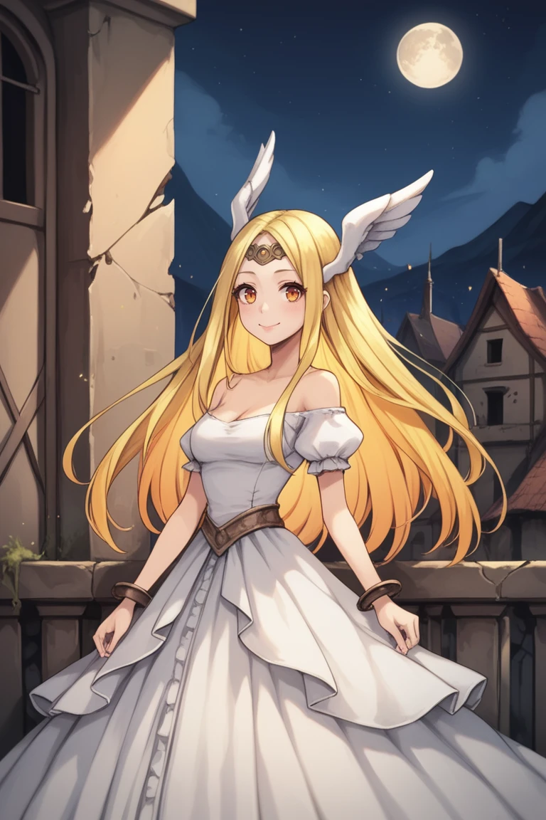 (score_9, score_8_up, score_7_up, score_6_up), source anime, BREAK, 
<lora:MariettaPonyXL:0.5>, mardef, 1girl, blonde hair, orange eyes, long hair, circlet, head wings, (white dress), frilled dress, long dress, bracelet, angel, standing, exterior, mansion, house, looking at viewer, angel, from side, smile, breasts, looking at viewer, <lora:zy_Detailed_Backgrounds_v1:0.3> , detailed background, highly detailed, exterior, mountain, cliff, wasteland, night, moon, ruins,   <lora:m4gXLP:0.6> , m4g,  <lora:wrenchelegadomepnyxlb2:0.8> , wrenchelegadome, dress, puffy sleeves, golden embroidery,