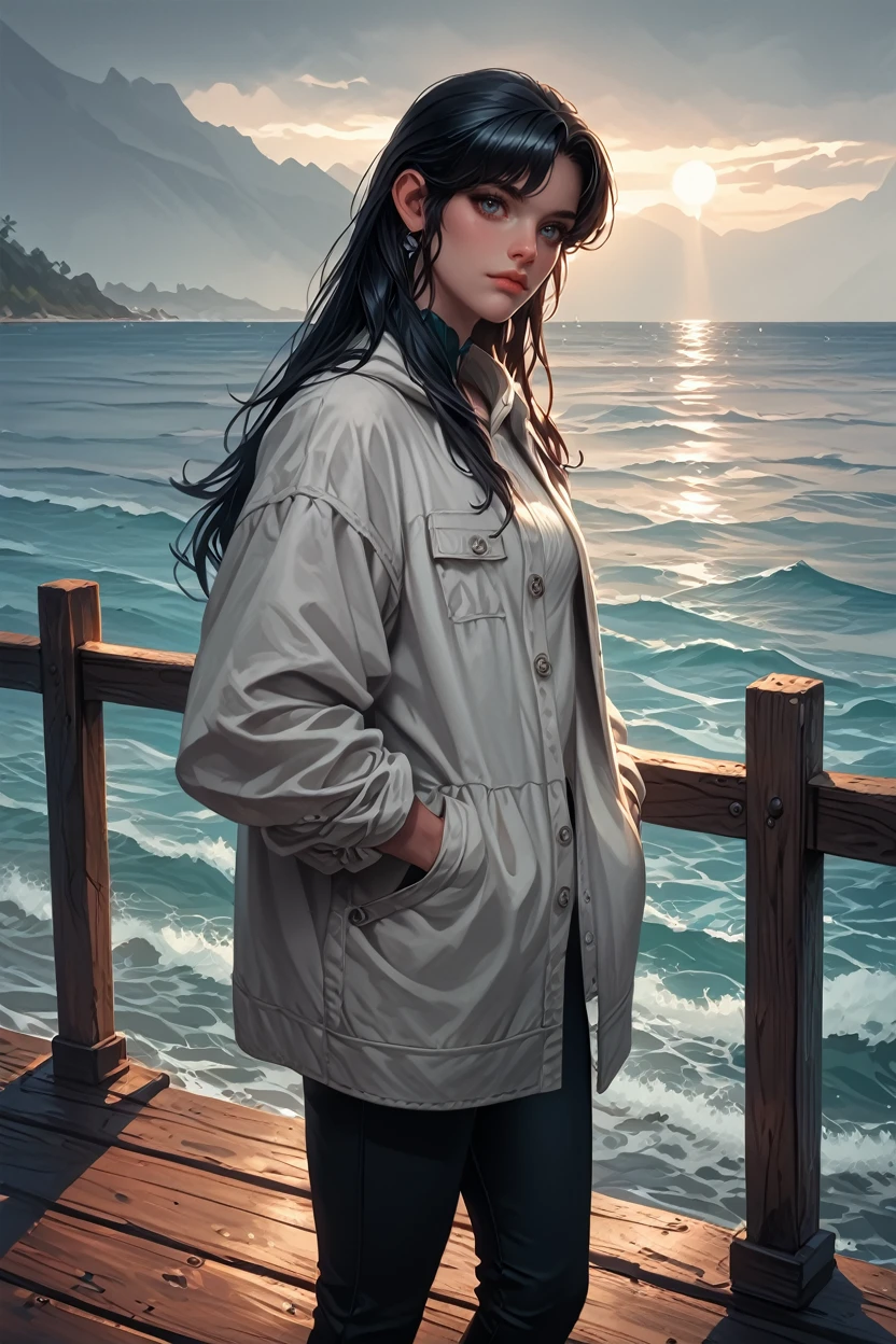 score_9, score_8_up, score_7_up, score_6_up
<lora:LALiru:1.0>
LALiru, 1girl, black hair, long hair, looking at viewer, standing on a pier, looking out at the ocean, hands in pockets, overcast sky with hints of sunlight breaking through, calm and introspective atmosphere