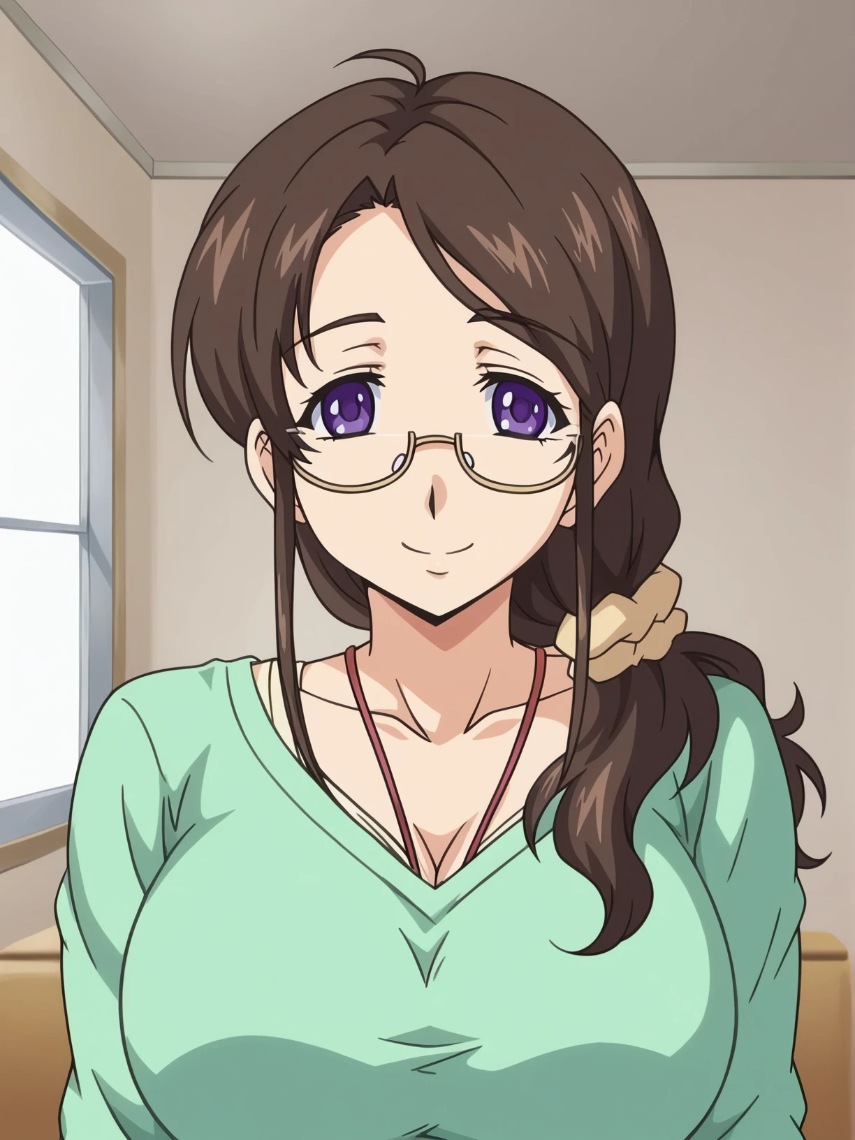 <lora:Mamiya_Mifuyu_-_Kyonyuu_Kazoku_Saimin:0.8>,Mifuyu,1girl,glasses,brown hair,purple eyes,long hair,large breasts,shirt,upper body,looking at viewer,smile,indoors,