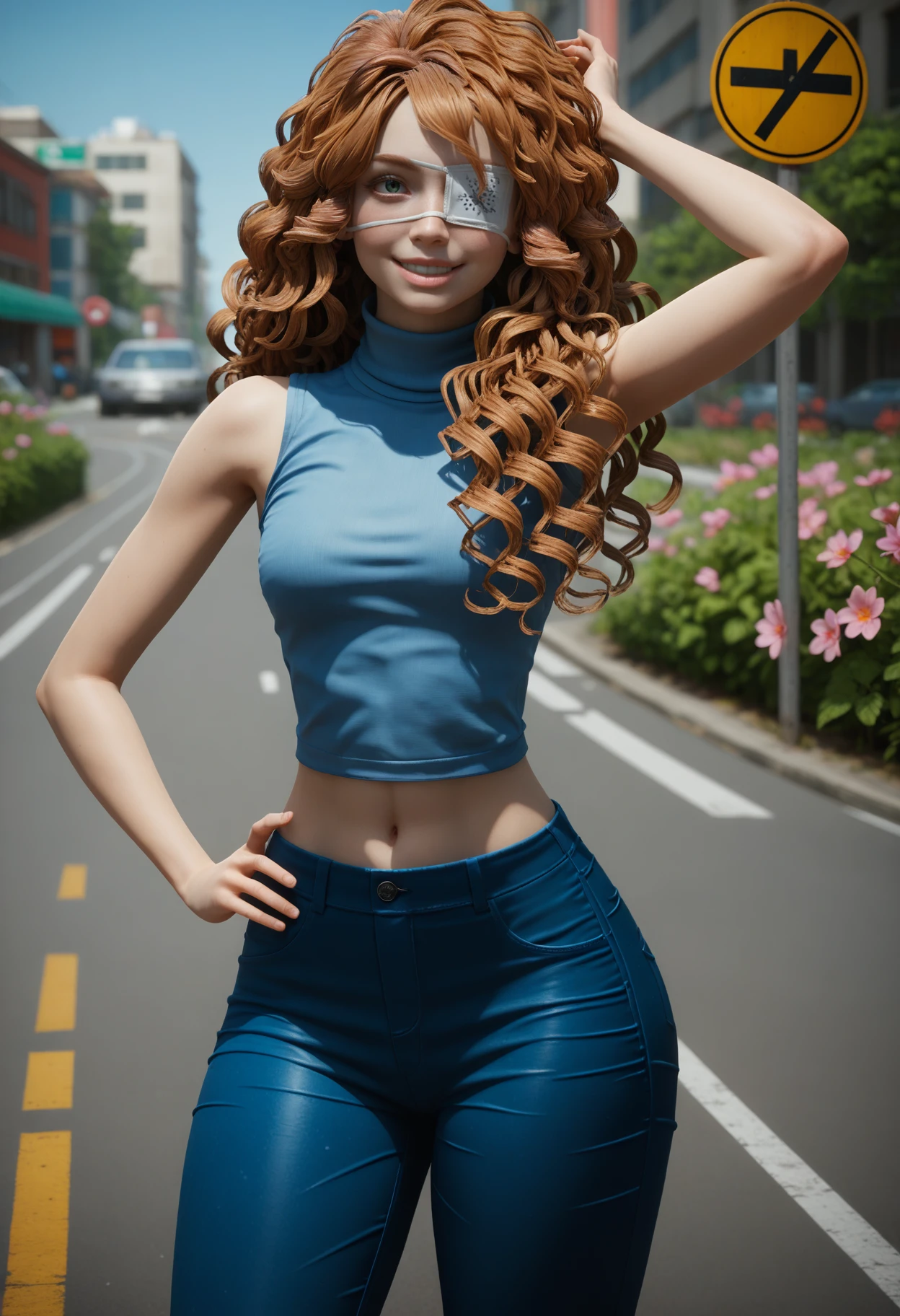 score_9, score_8_up, score_7_up,
1girl, solo, sleeveless turtleneck:blue crop top:midriff, jeans. medical eyepatch. curly hair.
outdoors, day, city, road, bush, flower, road sign, sunlight, standing, leaning to the side, hand on own hip, arm up, v, looking at viewer, smile, parted lips, wide shot, depth of field, 
 <lora:Dark_Nova_Pony_v1.0:0.75> d4rkn0v4,