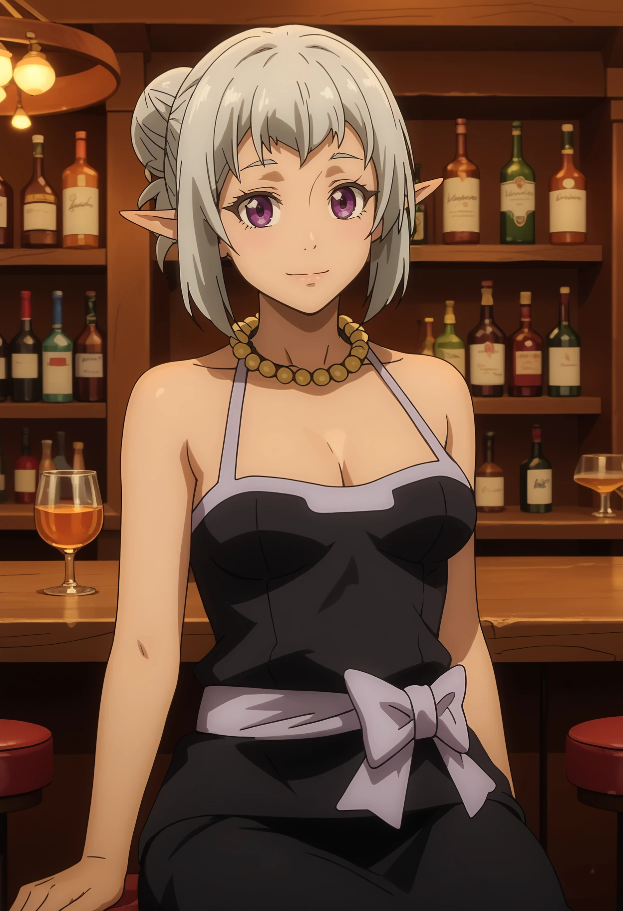 score_7_up, anime screencap,
<lora:TenSura_DwargonElf4XL:0.9>, DwargonElf4,
1girl, solo, closed mouth, light smile,
dark skin, hair bun, grey hair, purple eyes, pointy ears,
sleeveless dress, black dress, cleavage, pearl necklace, black skirt, waist bow, grey bow,
sitting, looking at viewer, cowboy shot,
blurry background, indoors, bar (place)