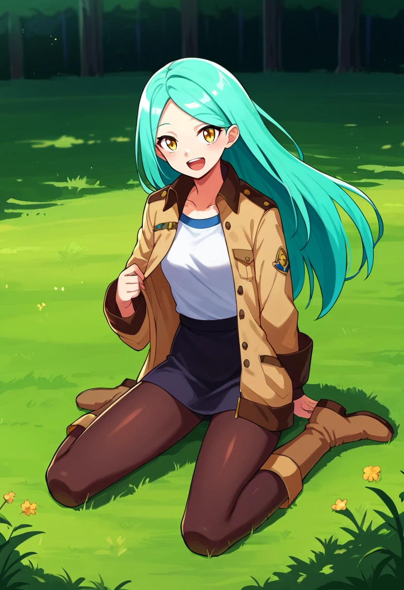 PonyXLV6_Scores,source_anime,1girl,isabellaaw, <lora:IsabellaAWPony:0.85>,long hair,aqua hair,happy,:d,yellow eyes,jacket,uniform,pantyhose,boots,full body,outdoors,field,sunny,small breasts,(solo:1.2),facing viewer