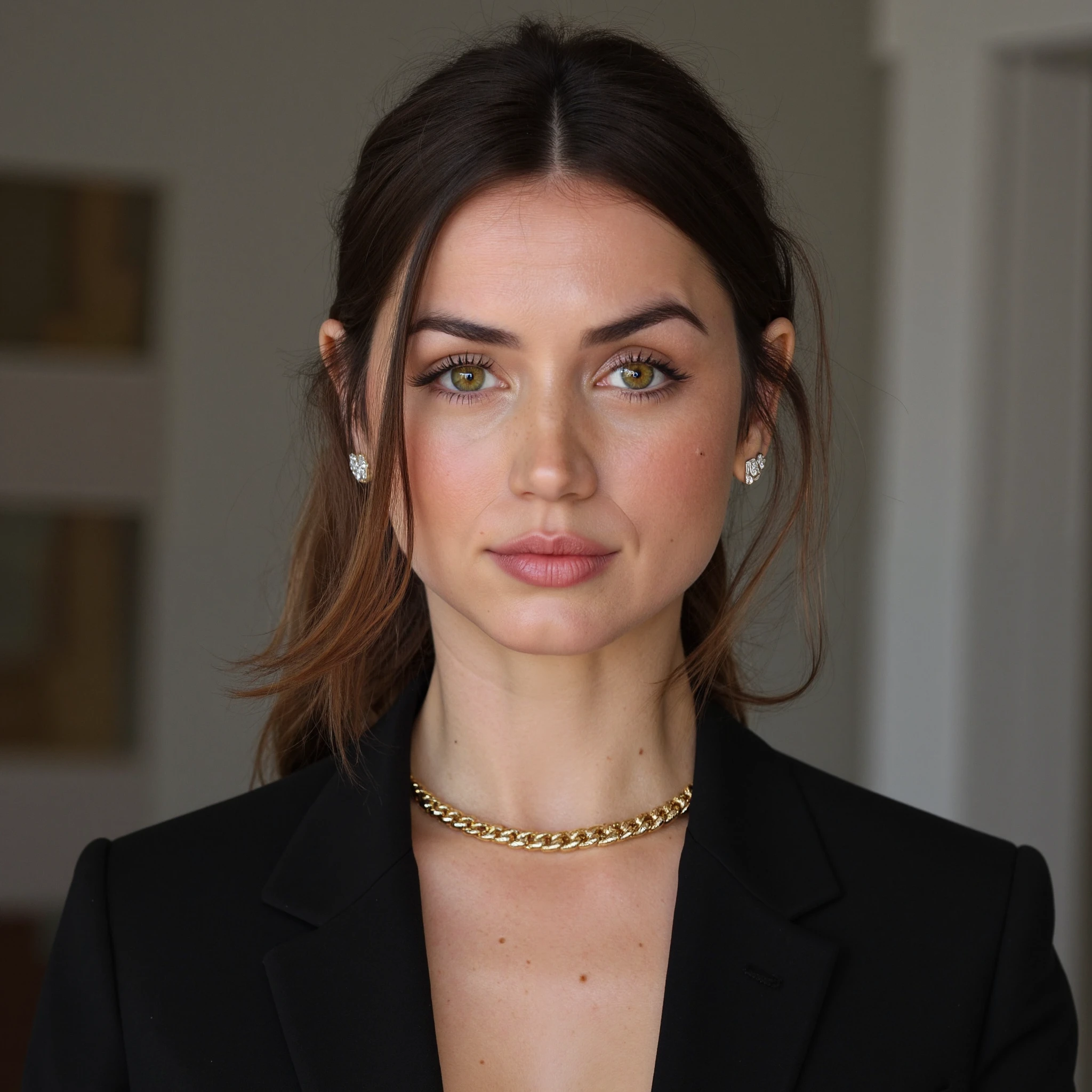 High quality passport photo of a woman wearing a suit and tie looking directly at the camera with her mouth closed and a neutral expression. She is also wearing a delicate gold chain and some understated diamond earrings.