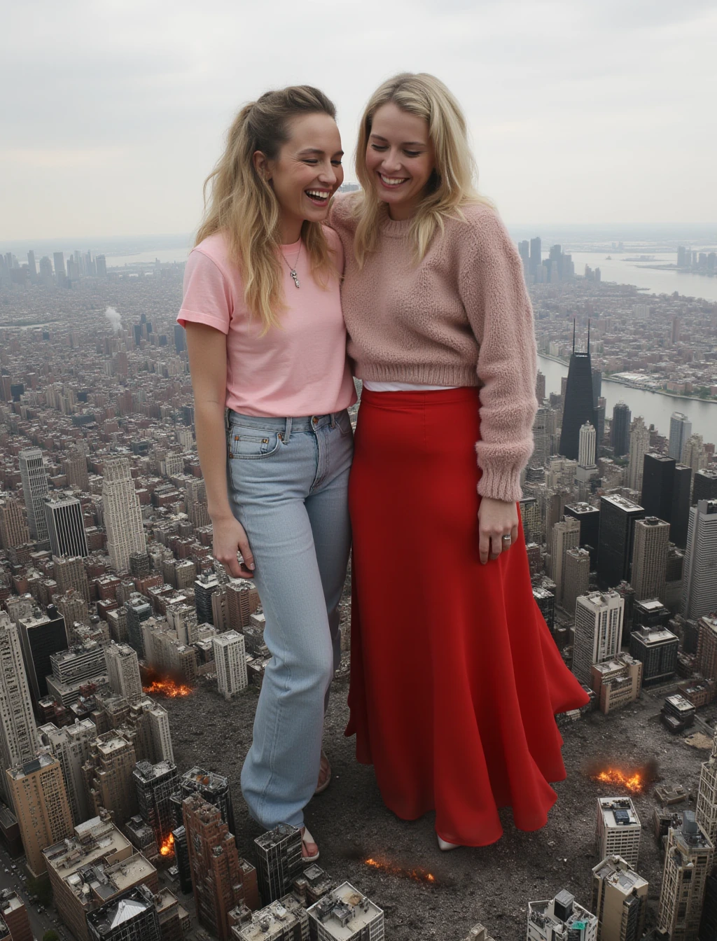 Two mega giantesses standing next to each other in a city. The are both laughing. Next to them there are many skyscrapers, they are next to the central parts of the city. Underneath them is a sprawling metropolis. The city is ravaged by massive fires and smoke is billowing into the air. One of the women is wearing light blue jeans and a pink t-shirt. The other is wearing a long red skirt and a matching sweater. Around them buildings are exploding and crumbling to dust. There is a lot of rubble from the destroyed buildings on the ground.