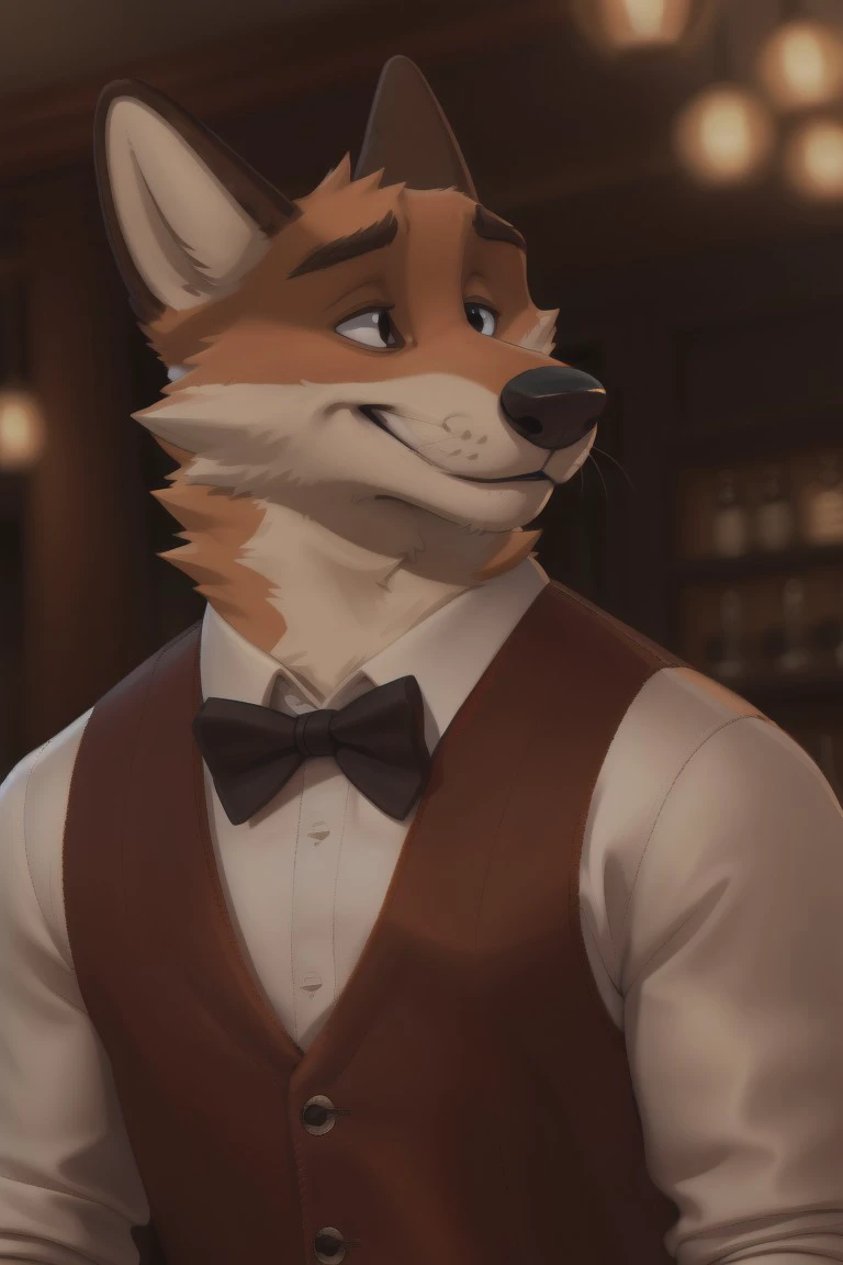 edgarfox, solo, realistic, anthropomorphic, smirk, muscular body, furry tail shown, (by personalami:0.5), zaush, (soft shading), 4k, hi res, 8k, detailed eyes, 8k eyes, eyes focus, handsome, resturant setting, resturant background, bright lights, sunny day, (black bowtie, bright red vest, white shirt, black pants), detailed_background