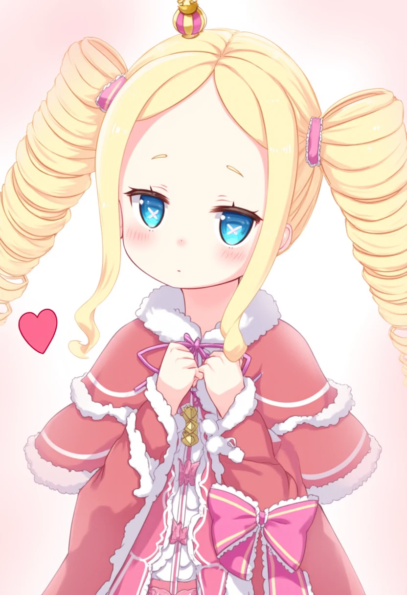 beatrice \(re:zero\), 1girl, blonde hair, blue eyes, solo, symbol-shaped pupils, drill hair, long hair, twin drills, dress, sidelocks, blush, crown, capelet, mini crown, fur trim, ribbon, looking at viewer, hair ribbon, long sleeves, red dress, heart, fur-trimmed capelet, red capelet, twintails, closed mouth