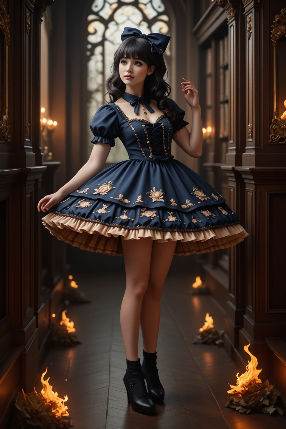 1girl (full body), cute girl, (dynamic pose:1.2) wearing a dark blue and bronze sweetegl dress with a (very full short skirt) and (extremely tight bodice corset) wearing (pretty cute heels) (gazing around) a massive fantasy library lit by magical flames, soft mystical lighting  <lora:SweetLolitaFlux:0.8>