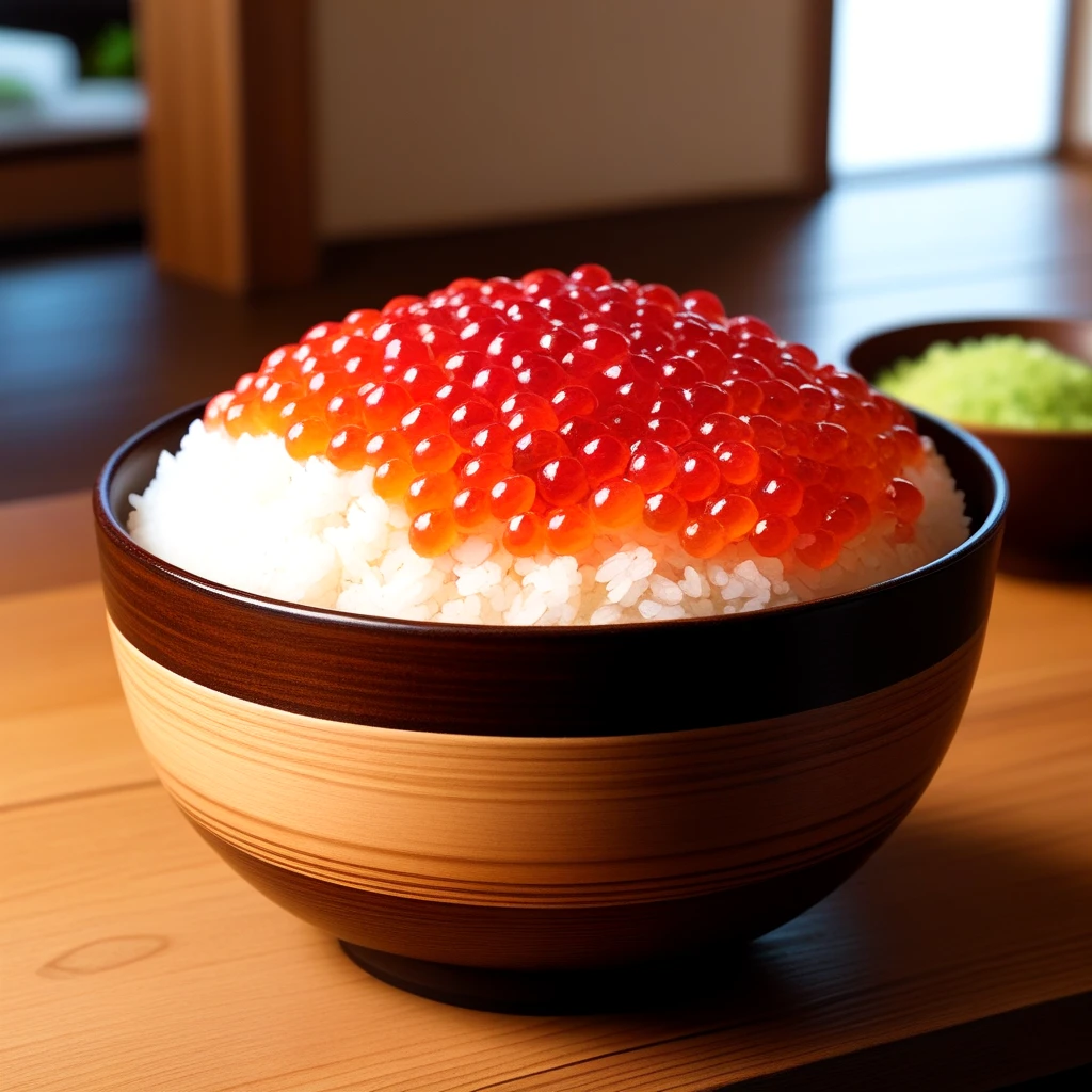 ,food, indoors, blurry, no humans, food focus, still life, rice bowl, wooden table, transparent roe, realistic, cinematic lighting <lora:fish_roe_SDXL:0.5>