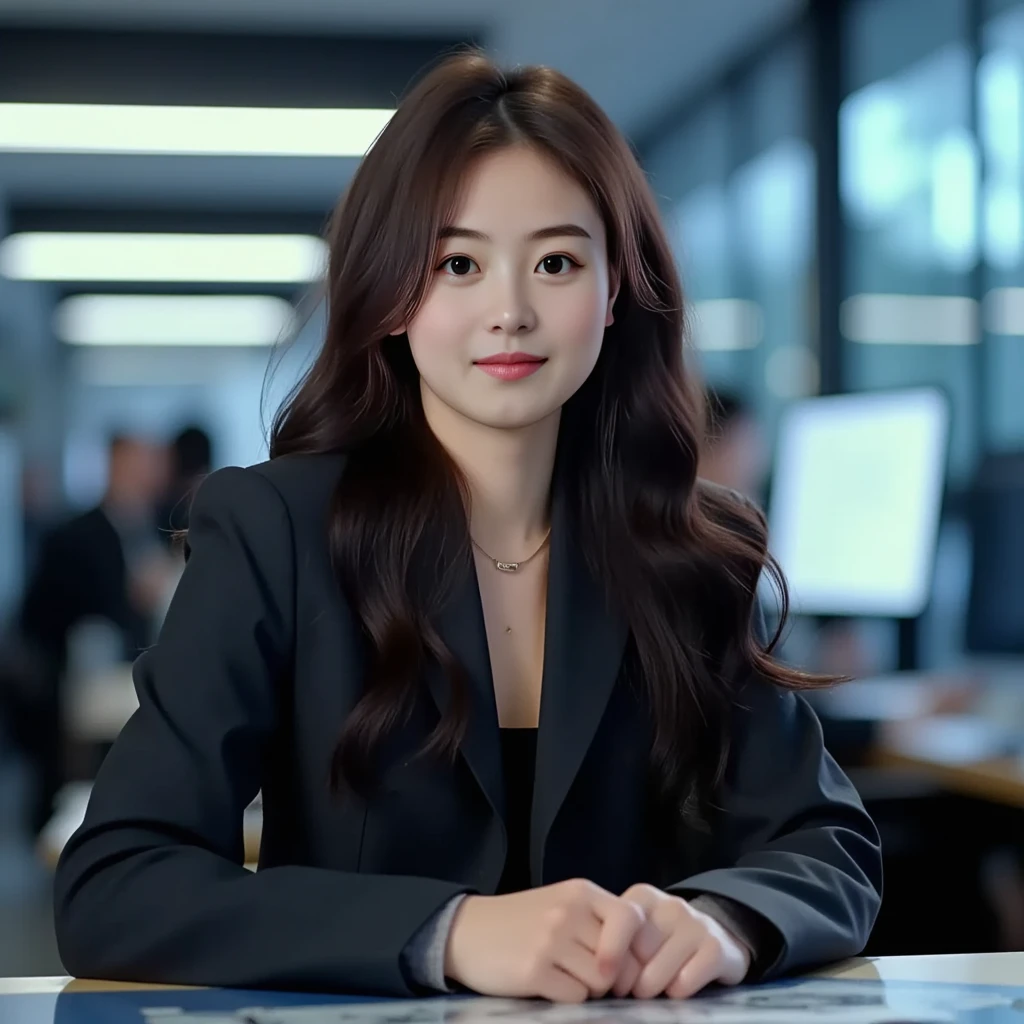 Portrait photo of miona_kokura, dark brown wavy long hair, wearing a dark business suit, sitting at a desk in a futuristic office, looking at the camera, smiling