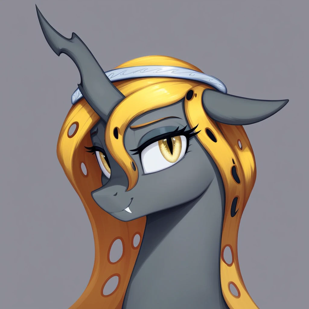 masterpiece, score_9_up, score_8_up, score_7_up, score_6_up, (best quality:1.1), ultra-detailed, high resolution, 1character, Oiren, changeling queen oc, mlp, feral, black skin, long yellow membrane mane, (((beautiful detailed yellow eyes))), long eyelashes, eyebrows, ears, smile, fang out, single horn, modest silver crown, detailed facial features, portrait, expressiveh, simple background, highly visible, sharp focus, anatomically correct