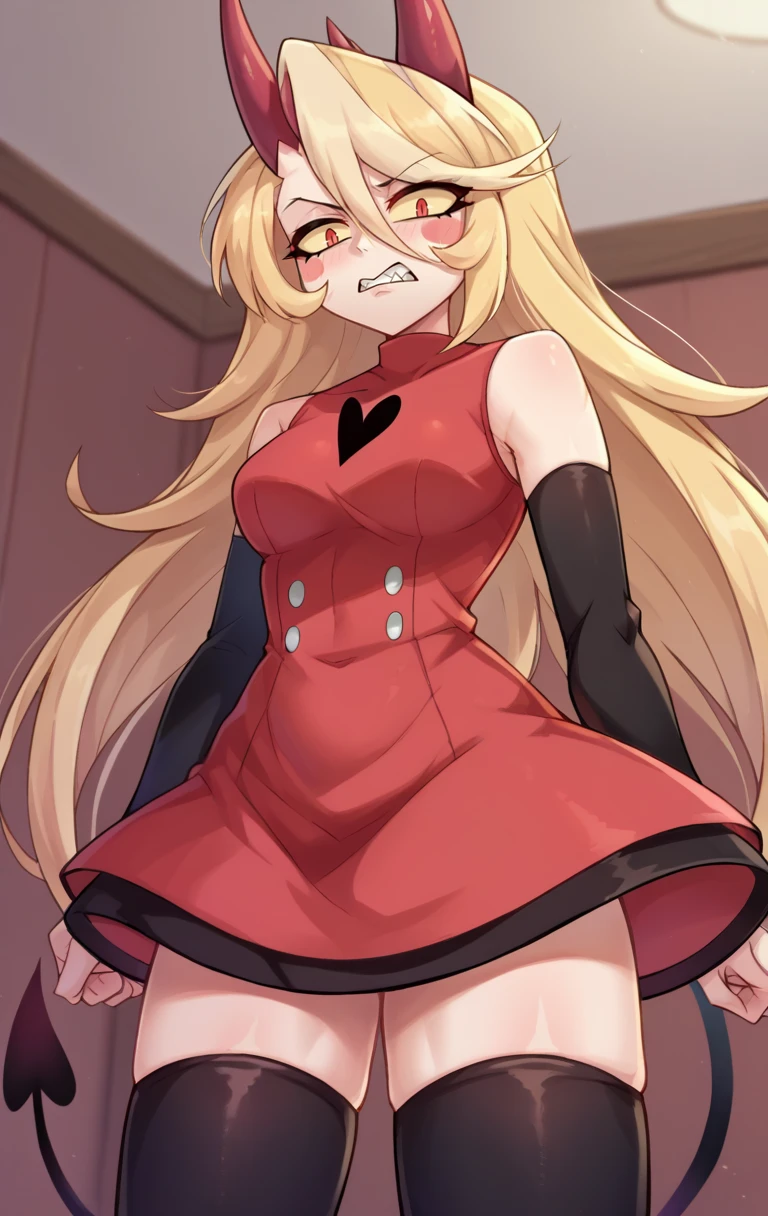 score_9,score_8_up,score_7_up BREAK <lora:charliemorningstar:1>,charliemorningstarSDXL,1girl,red eyes,long hair,blonde hair,thighhighs,dress,hair between eyes,bare shoulders,very long hair,tail,detached sleeves,horns,teeth,black sleeveless,black thighhighs,zettai ryouiki,sleeveless dress,blush stickers,short dress,red dress,demon girl,demon horns,demon tail,red horns,turtleneck dress,cowboy shot,room,room background,from below,