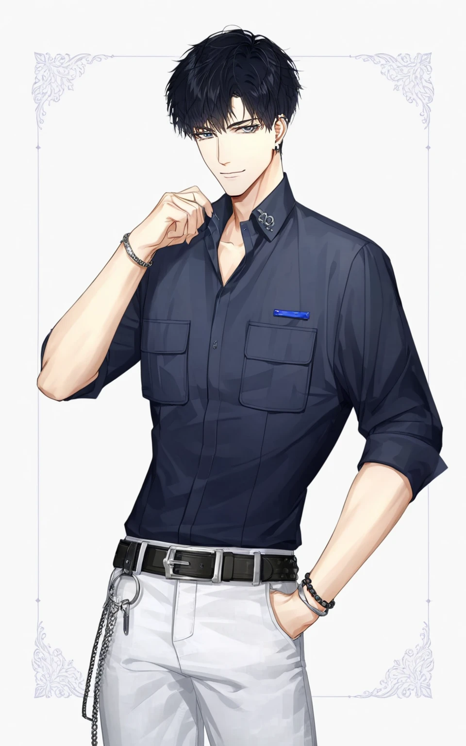 8k, best quality, masterpiece, (ultra-detailed),
smile, (standing, medium shot, looking at viewer, white background, clean background:1.5), (pseudo-impasto:0.7), (by ask:0.5), (by rella:0.3), (by mochizukikei:0.3), high resolution, intricate details, solo, close up shot,
<lora:xiaoyi-neta-Tanger-000014:0.8>, 1boy, xiaoyi, male focus, short hair,
belt, shirt, black hair, bracelet, jewelry, pants, pocket,