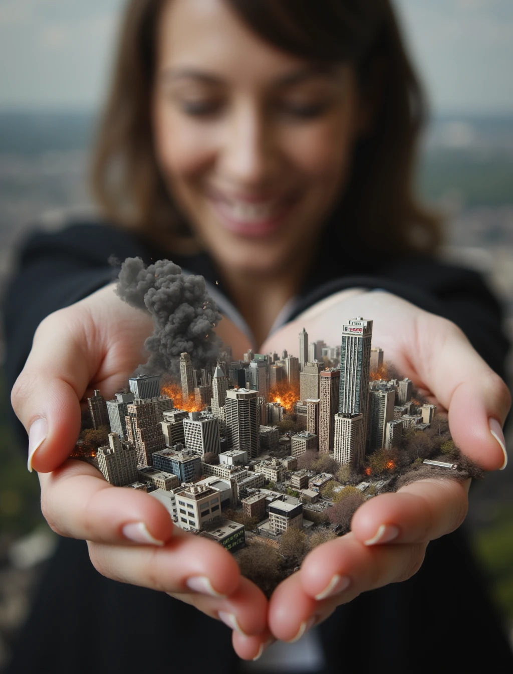 A woman holding a shrunken city in her perfectly manicured hands. She is looking down on the city and is smiling. Several of the skyscrapers in the city are coming crashing down. Massive fires are ravaging the city, and there are sparks flying in the air. Black smoke rises from the city.