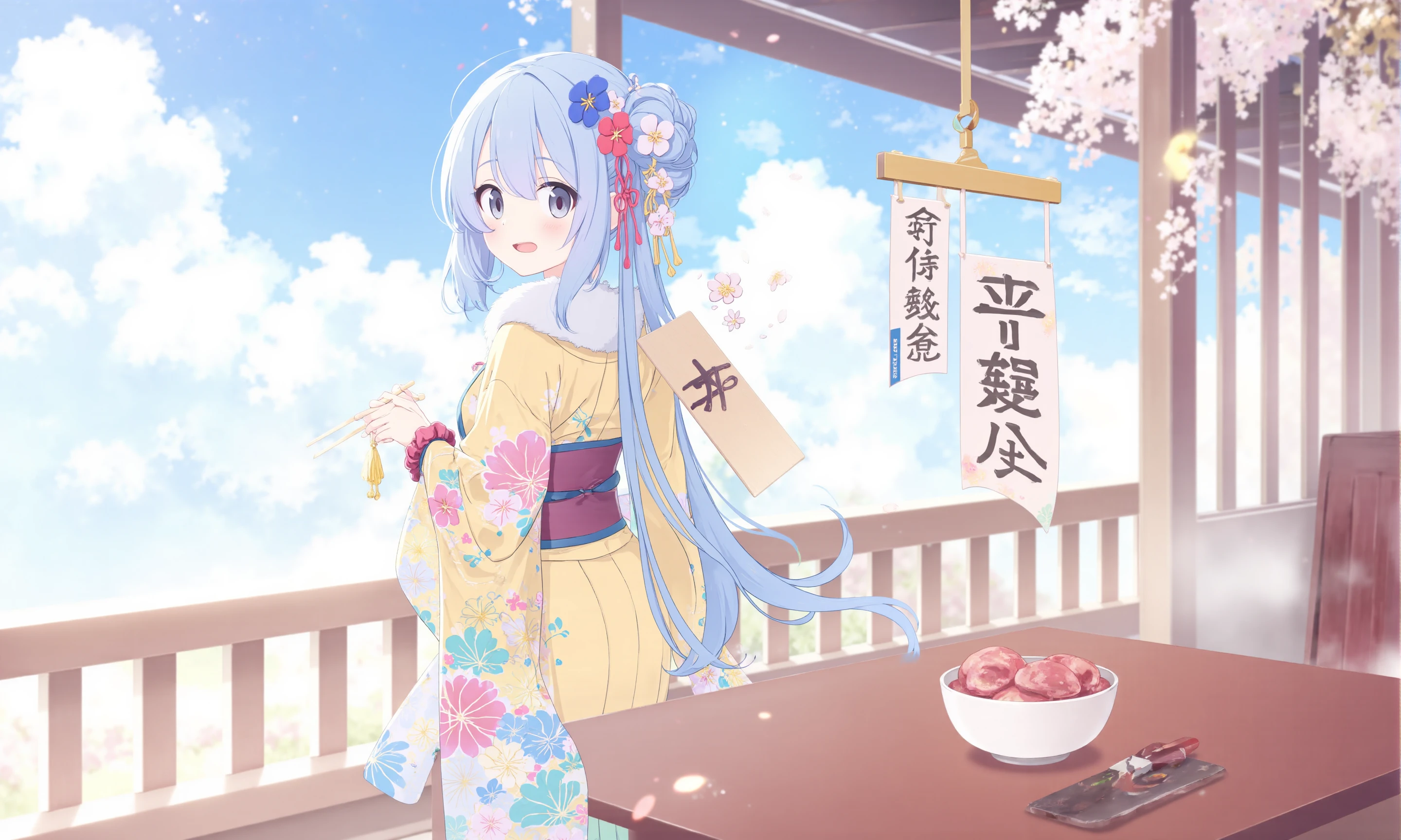 1girl,
paddle, alternate costume, sidelocks, green nails, print dress, from behind, sash, standing, black eyes, bowl, hair bun, short hair, single hair bun, hagoita, hair up, table, hair flower, alternate hairstyle, wrist scrunchie, new year, swept bangs, tsumami kanzashi, hair between eyes, blue flower, tasuki, looking back, bow, hair intakes, kimono, japanese clothes, obi, flipped hair, ema, tareme, kanoko \(pattern\), furisode, nail polish, yellow kimono, solo, open mouth, chopsticks, hair ornament, floral print, kanzashi, holding, smile, looking at viewer, :d, upper body, fur trim, pink nails, fingernails, day, blue hair, 2018, yellow bow, flower, blue sky, long hair, red flower, hairband, light particles, cowboy shot, kikumon, sky, scrunchie, multicolored background, dress
<lora:BastylrV2:1>