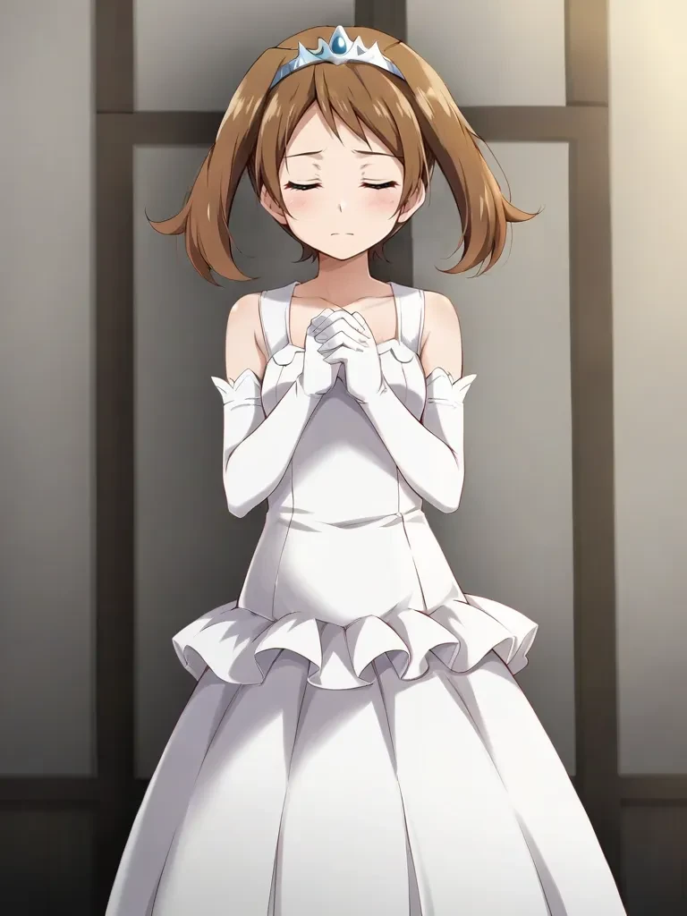 <lora:mayharukatsukishiro:0.7>
1girl, solo, orasmayruka, brown hair, closed eyes, blue eyes, white dress, frills, elbow gloves, tiara, indoors, hall, looking at viewer, standing, cowboy shot