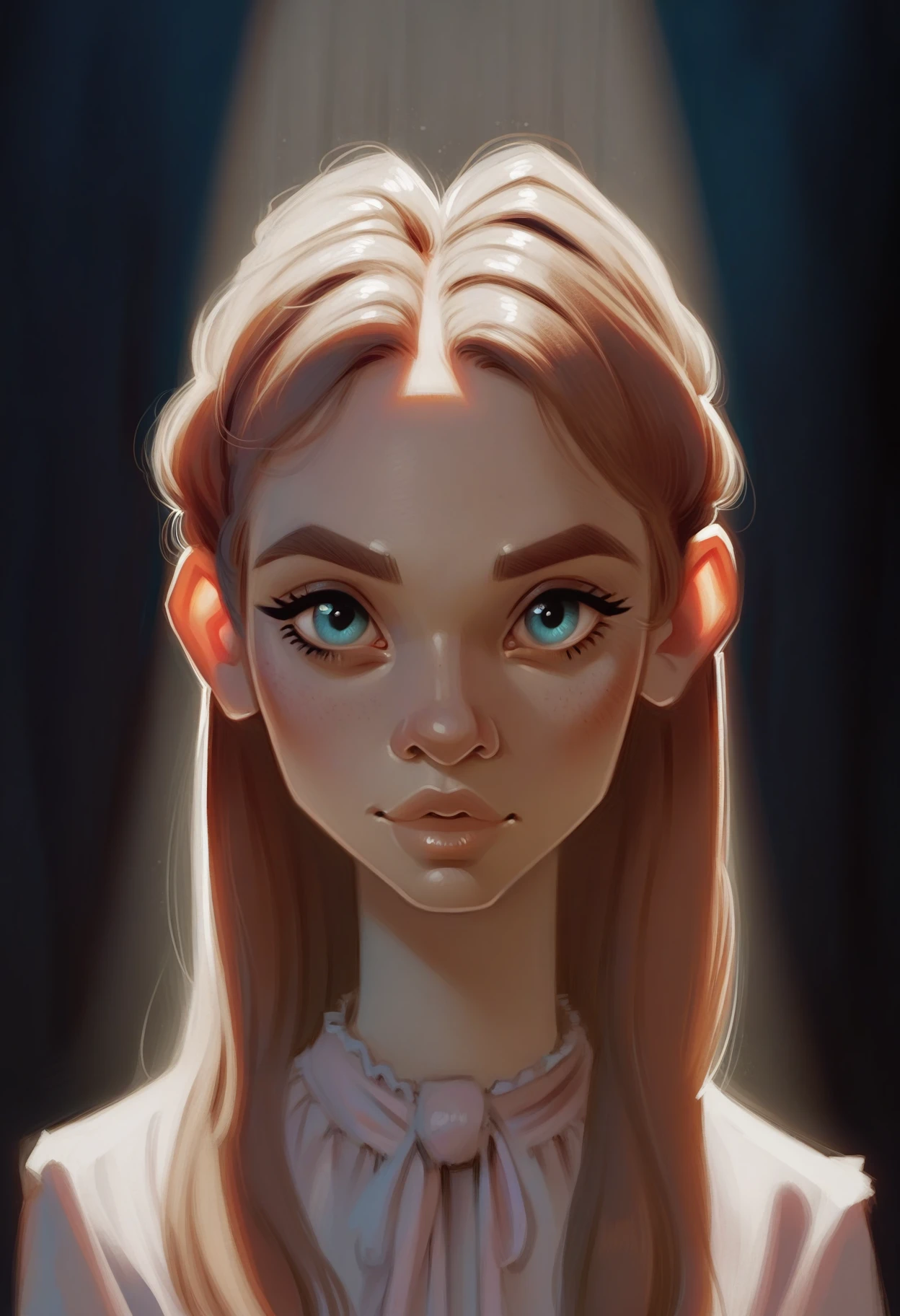 score_9, score_8_up, score_7_up, score_6_up, 1girl, portrait, petite, 25yo, cute face, perfect nose, skinny, perky nose, bright blue eyes, long straight hair, puffy upper lip, looking at viewer, dramatic light, spotlight, night, front view