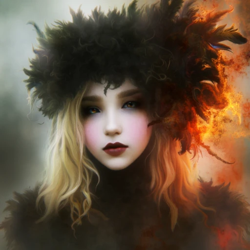 hat, lips, fire, adorned with feathers emerging from a misty scene, blonde hair