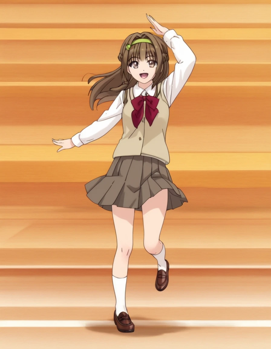 <lora:ExplorationHero:1>, soft smile, dynamic pose, full body,  Haruka, long hair, brown hair, brown eyes, school uniform, braid, hairband,