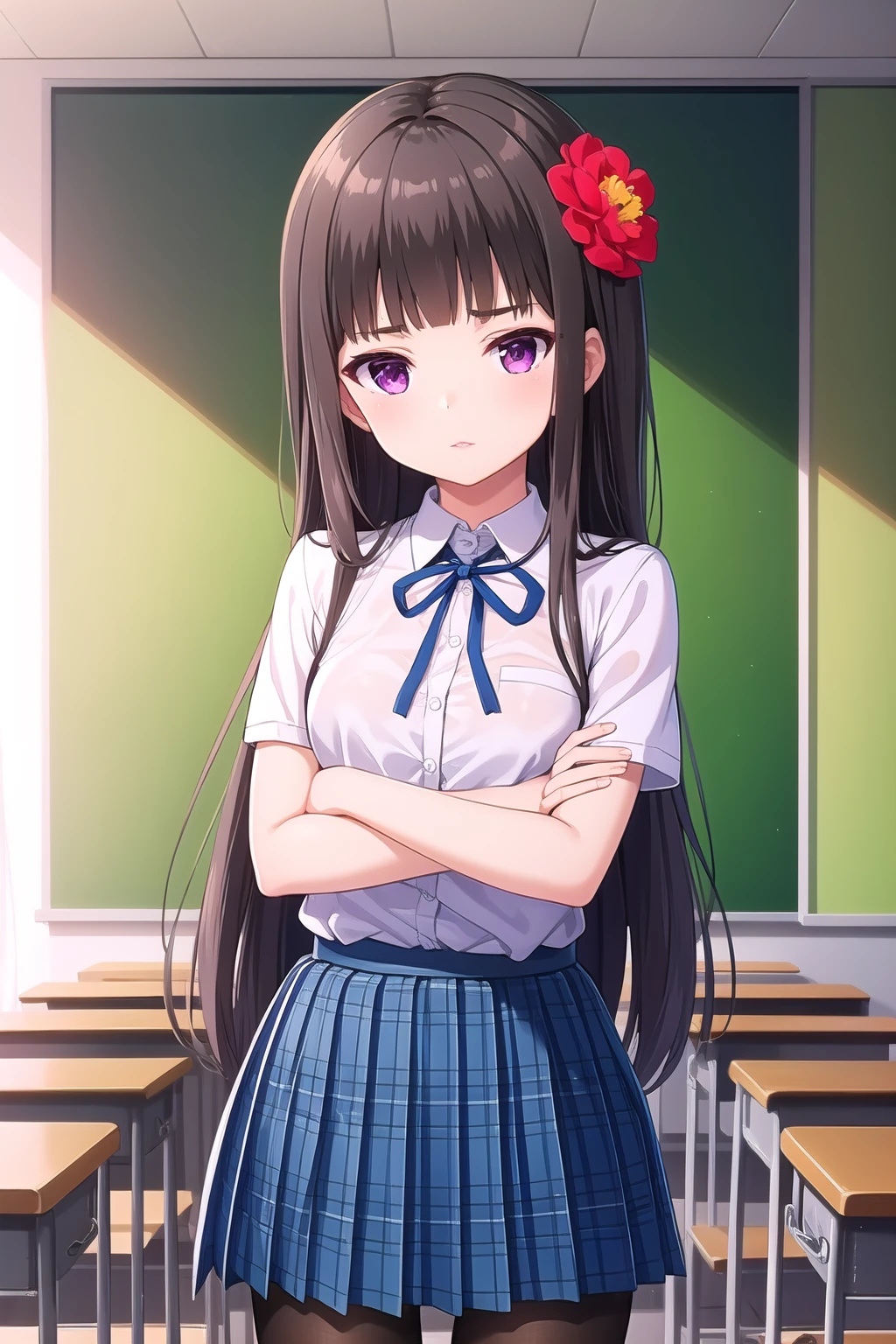 (masterpiece, best quality), highly detailed background, perfect lightingbest quality, shiranuiisuzu, solo, indoors, classroom, black hair, blunt bangs, hair flower, red flower, very long hair, purple eyes, small breasts, neck ribbon, blue ribbon, collared shirt, white shirt, short sleeves, crossed arms, blue skirt, plaid skirt, school uniform, grey pantyhose, closed mouth, pink lips, <lora:Shiranui-Isuzu-2-05:0.7>