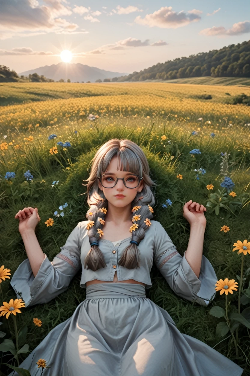 score_9, score_8_up, score_7_up, score_6_up
<lora:LAJahara:1.0>
LAJahara, 1girl, grey hair, twin braids, flowers, glasses, looking at viewer, lying in a field of wildflowers, arms stretched out, sun shining through the clouds, soft and warm lighting, peaceful and nature-connected feeling