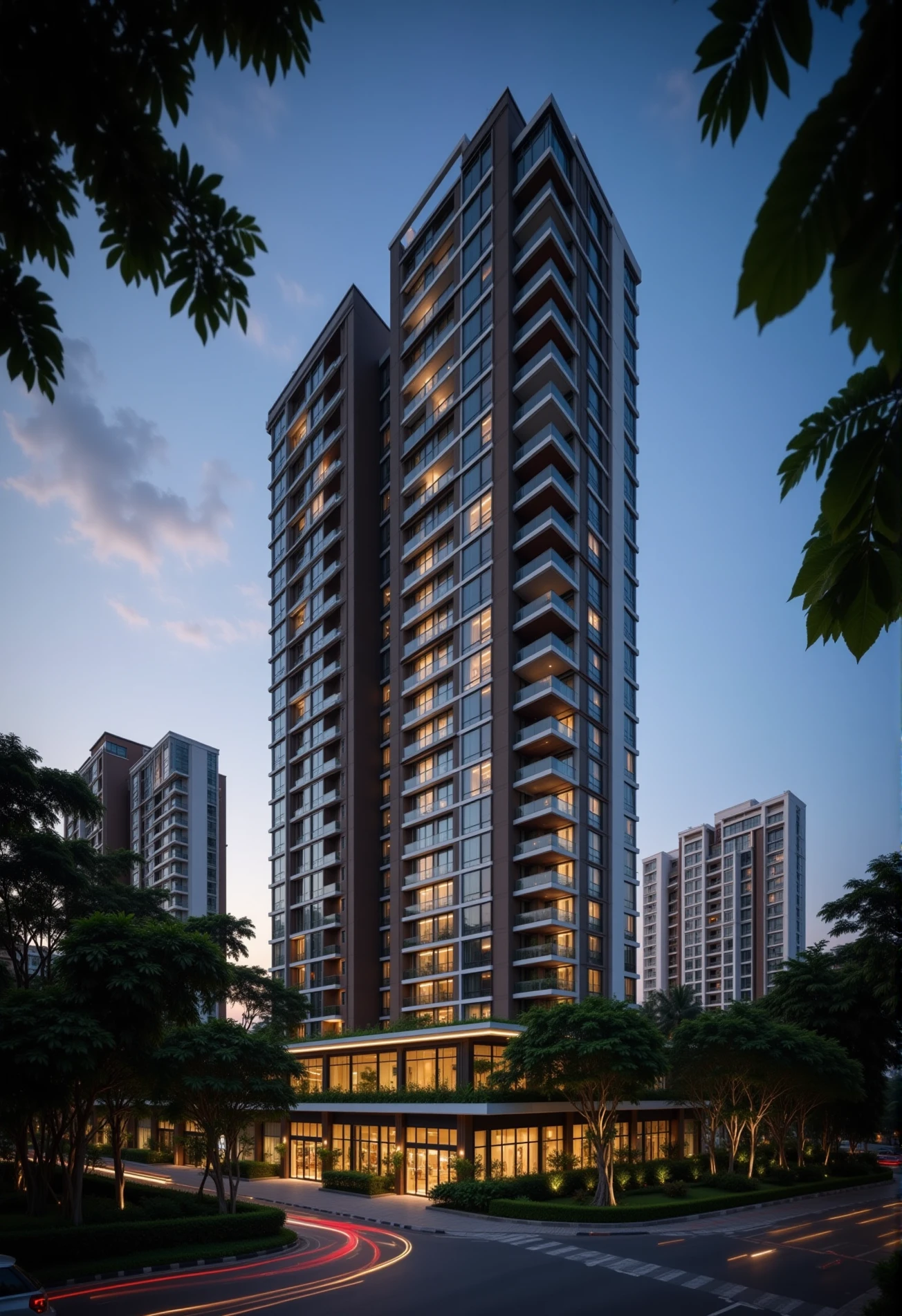 vrender,
photographic of 24-storey modern highrise apartment on city street, glass balcony, skycraper, building complex, 
scenery, motor vehicle, city, car, road, cityscape,
street view,
dusk, view from a leaf of tree, DOF, blur foreground,  