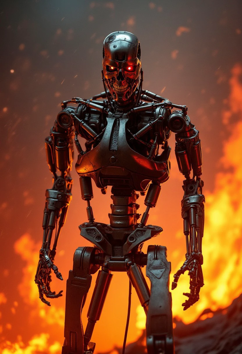 an upper body shot of a T800_Endo Terminator Robot with red eyes stands in a raging inferno of flames as he steps forth with menacing intent. He takes a fight stance ready to fight. Cinematic, photorealism, photorealistic