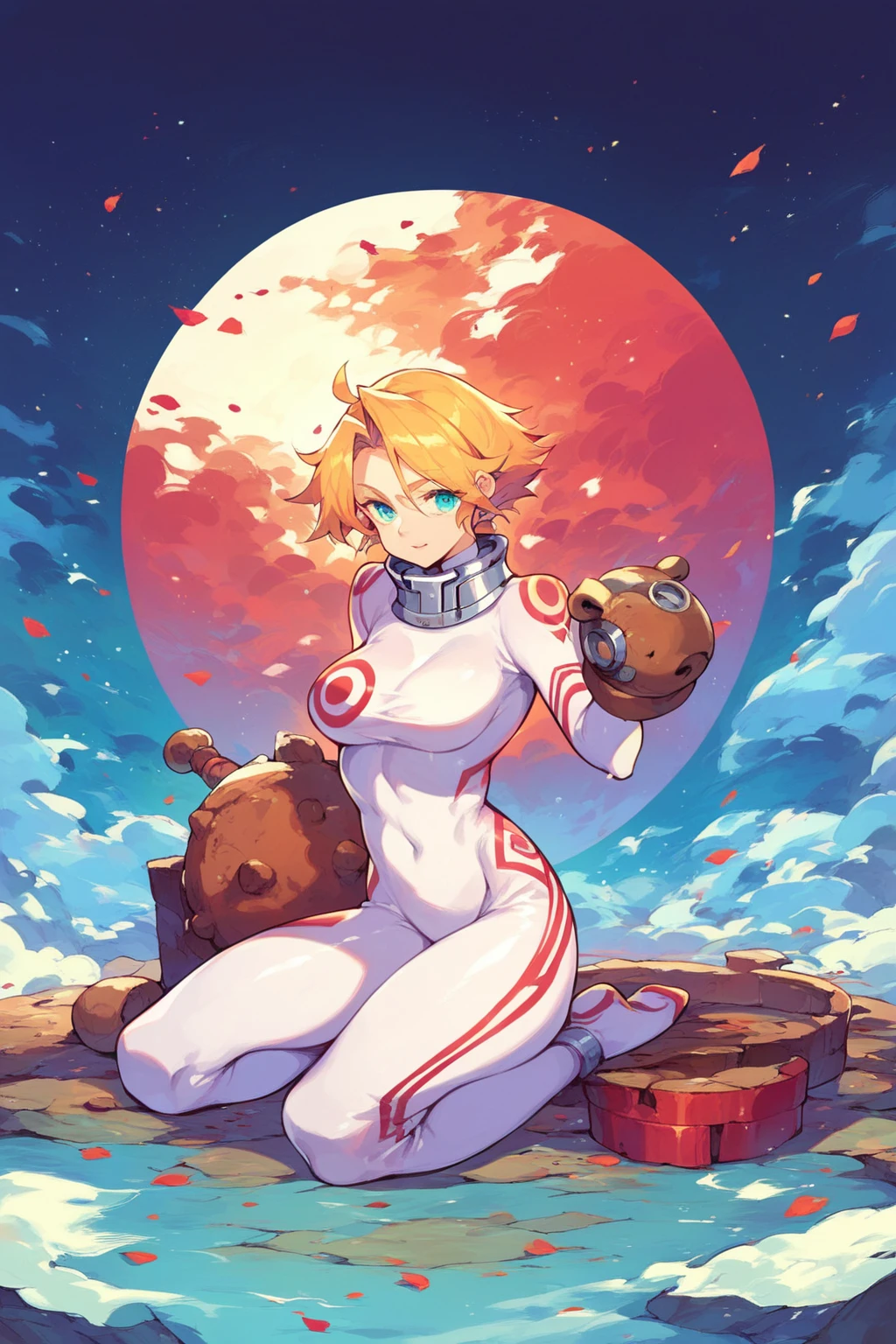 score_9, score_8_up, score_7_up, score_6_up, score_5_up, score_4_up, masterpiece, high quality, full body,  <lora:Shiro_outfit_DMW:0.9> shiro_outfit, white_jumpsuit, red_markings, white bodysuit, skin tight,